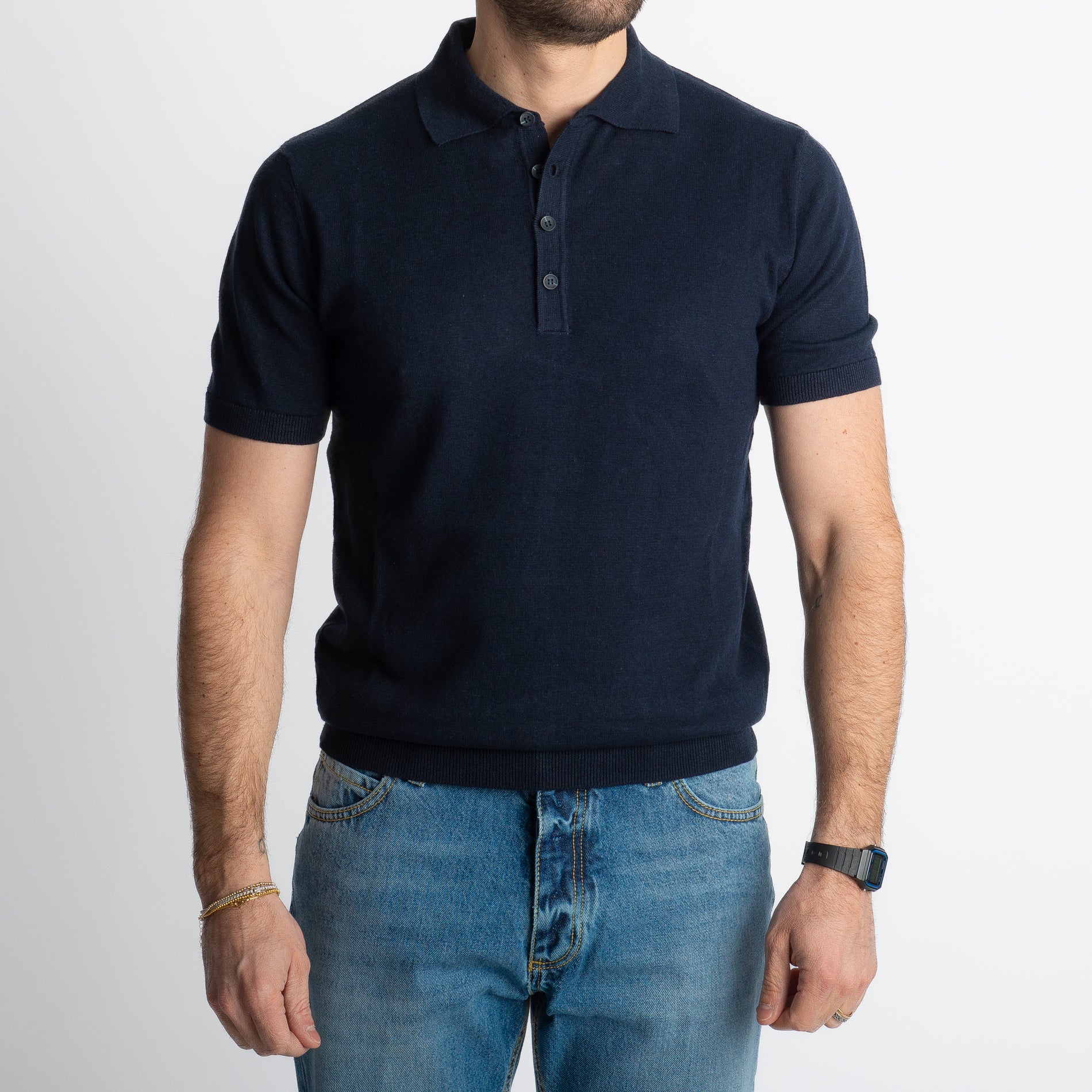 Polo Lino E Cotone Blu