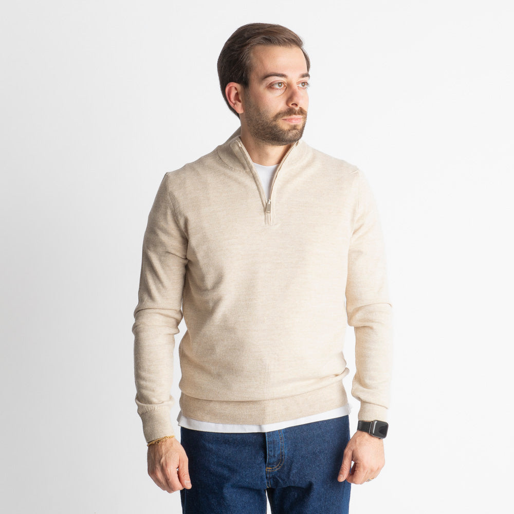 Maglioncino Mezza Zip In Lana Merinos Beige