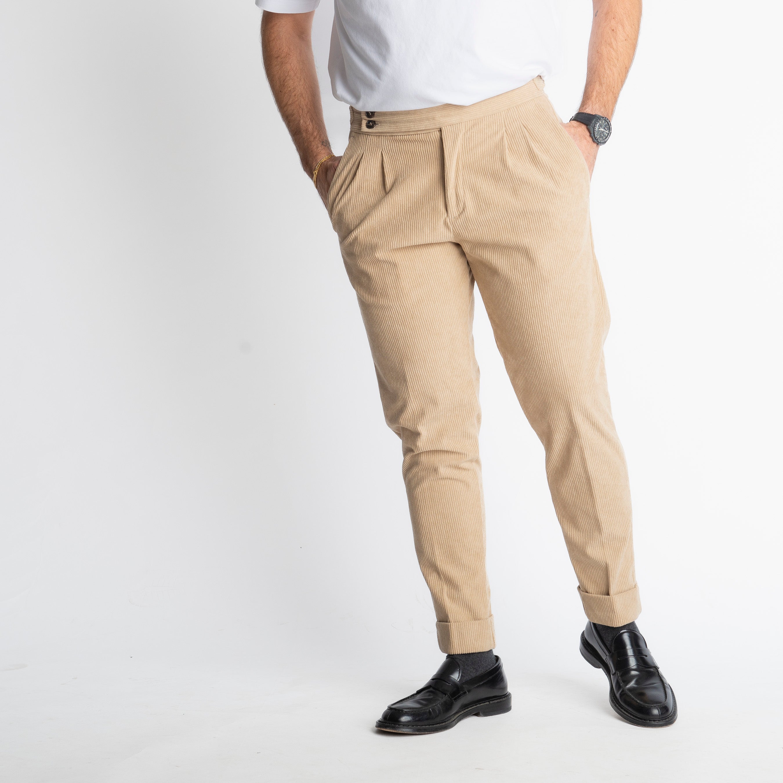 Pantalone Pisa Con Fibbia In Velluto A Coste Beige
