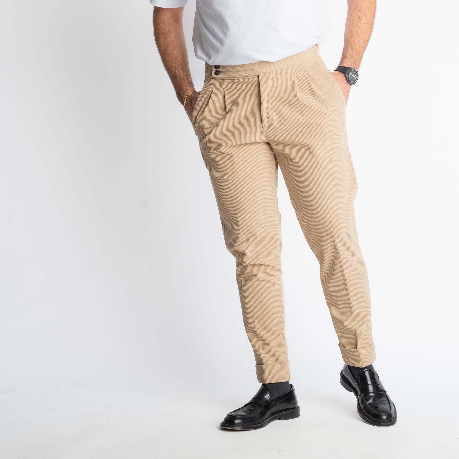 Pantalone Pisa Con Fibbia In Velluto A Coste Beige