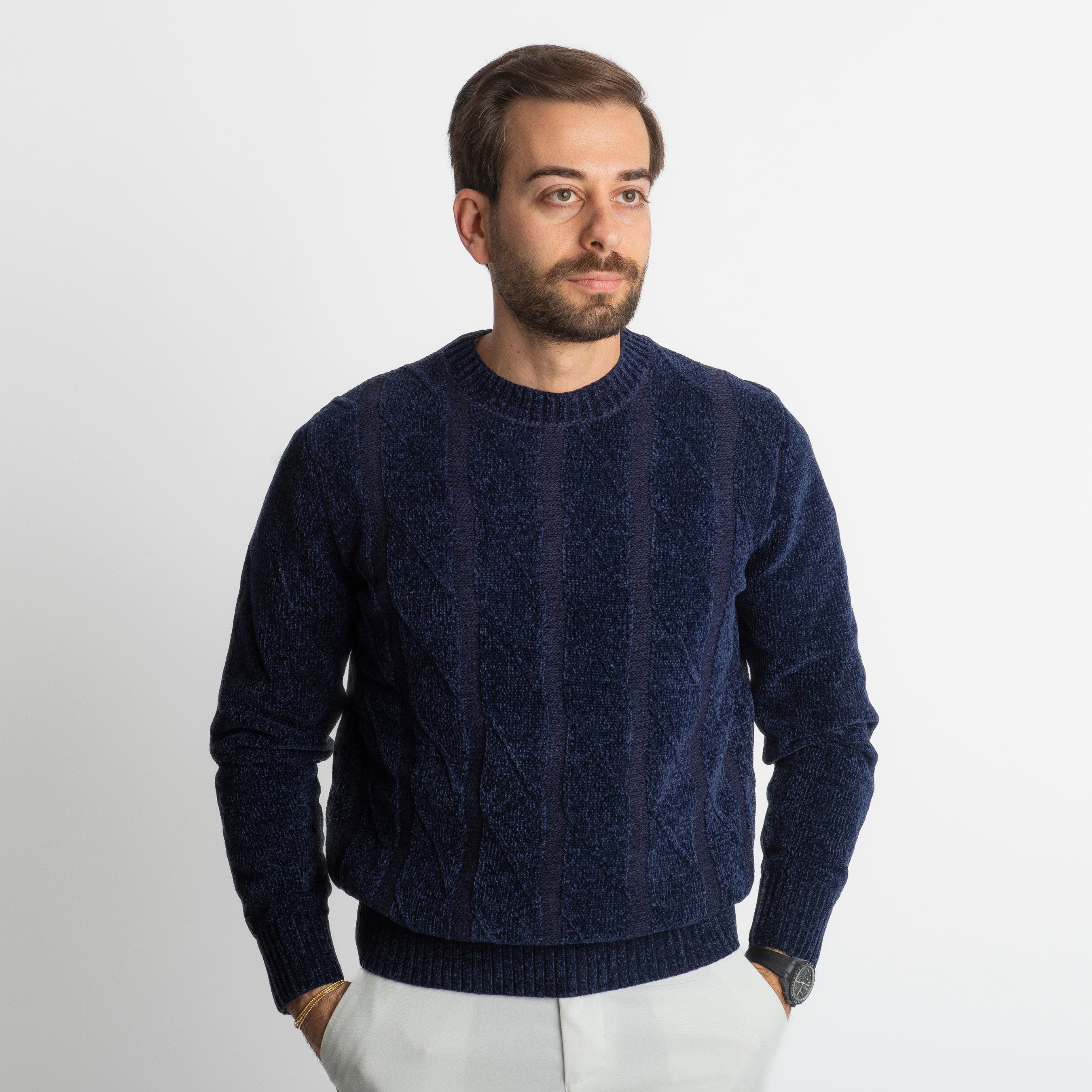 Pullover in Ciniglia a Trecce Blu