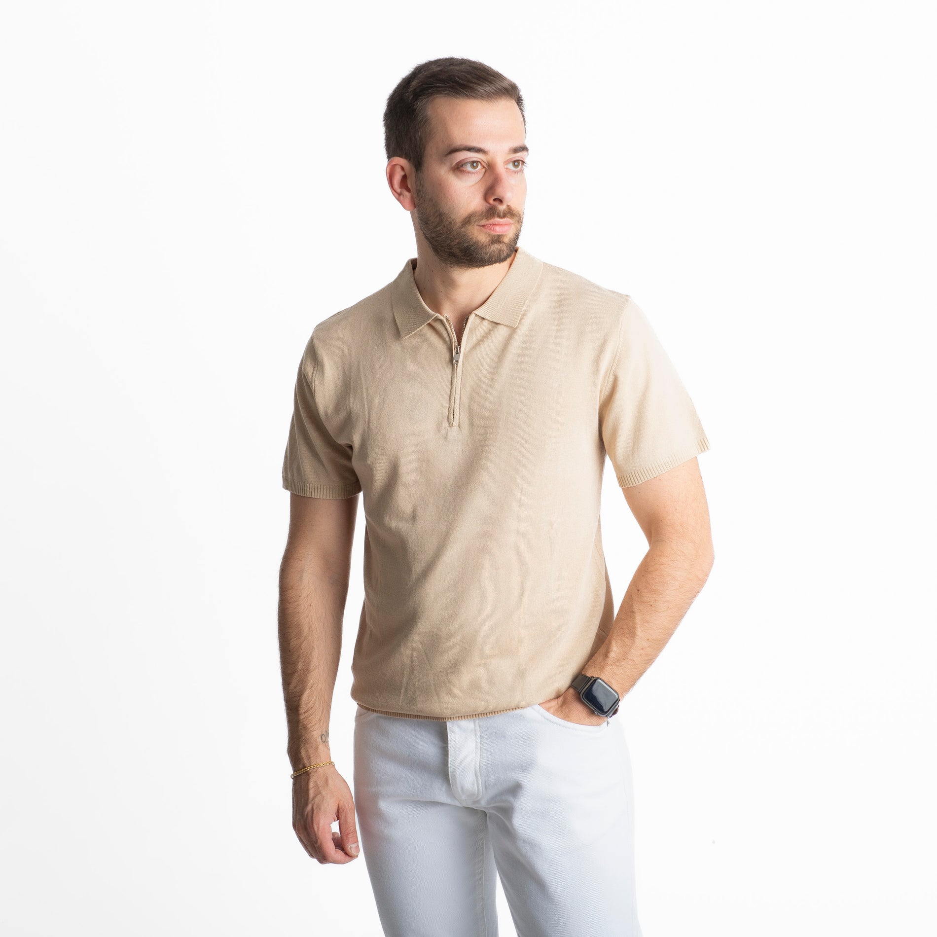 Polo con Zip Uomo Beige