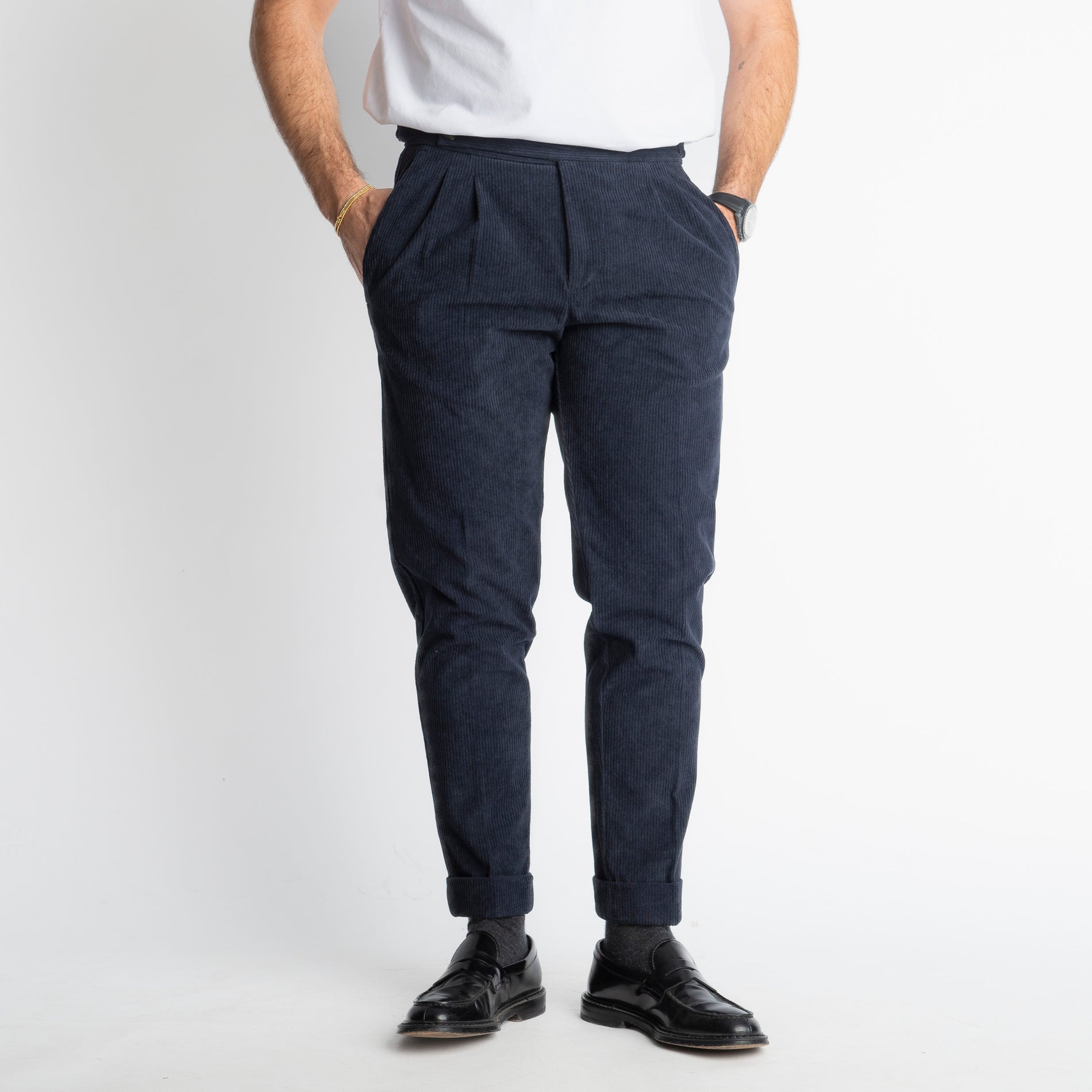 Pantalone Pisa Con Fibbia In Velluto A Coste Blu
