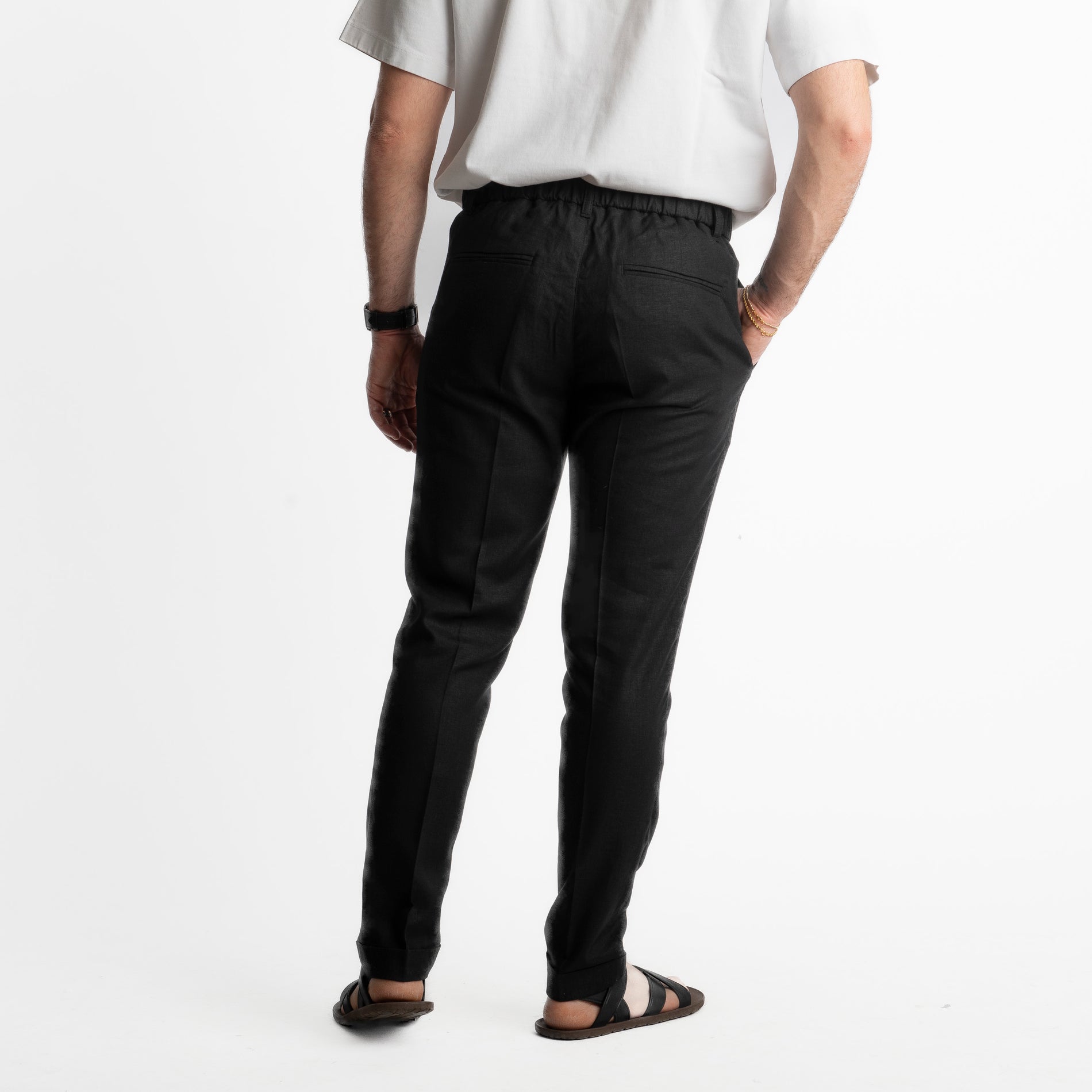 Pantalone in Lino con Elastico TO8007 Nero