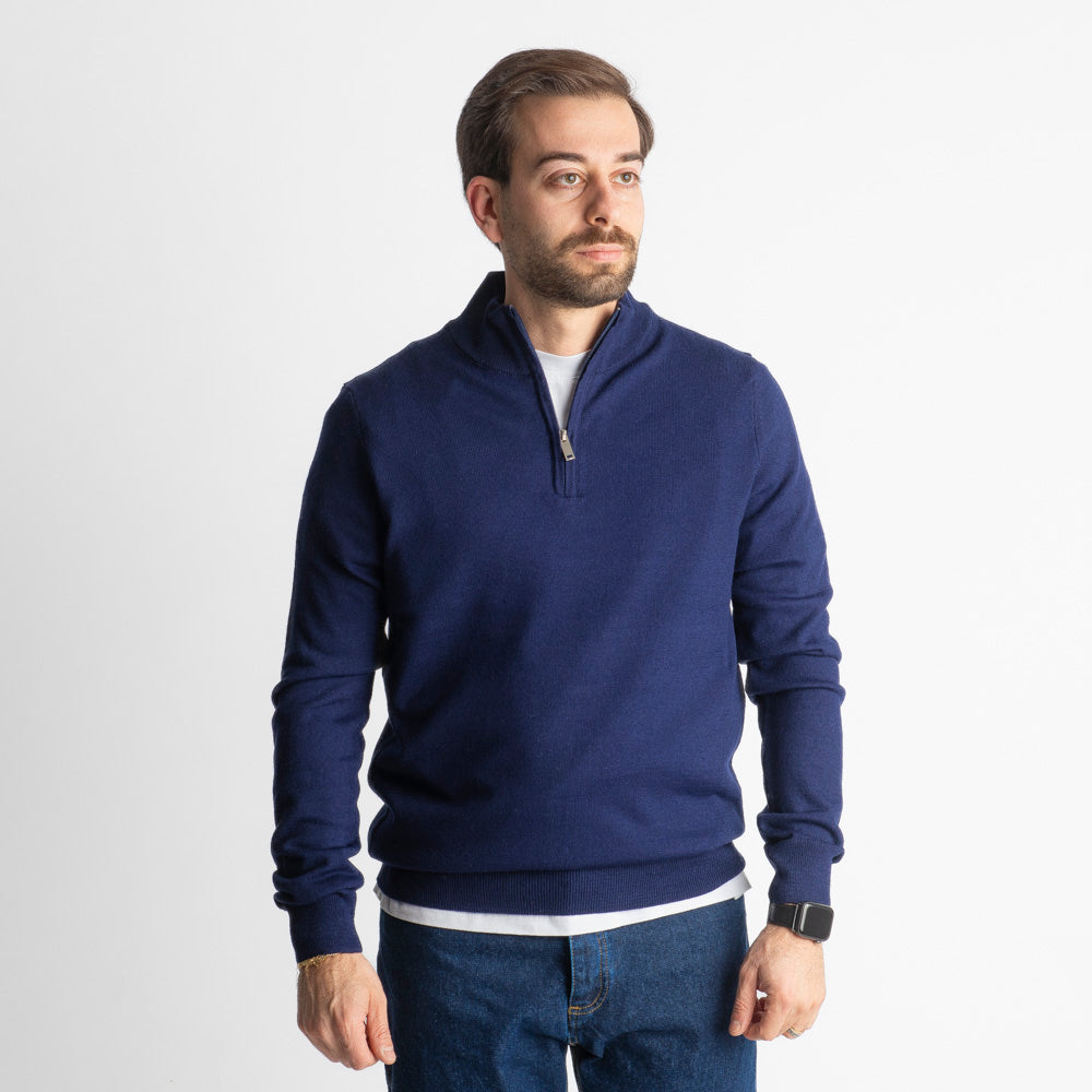 Maglioncino Mezza Zip In Lana Merinos Blu