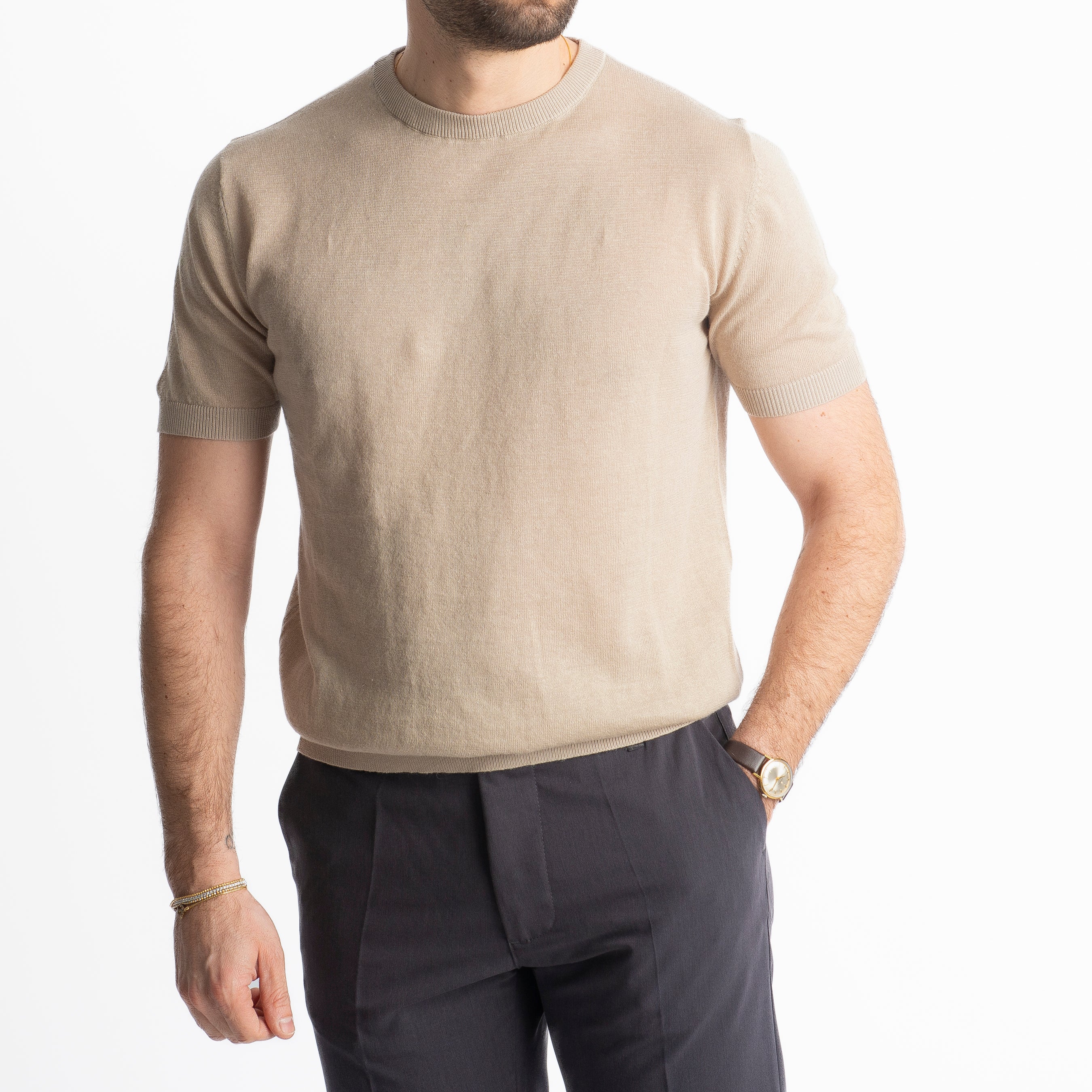 T-Shirt Girocollo Lino E Cotone Tortora