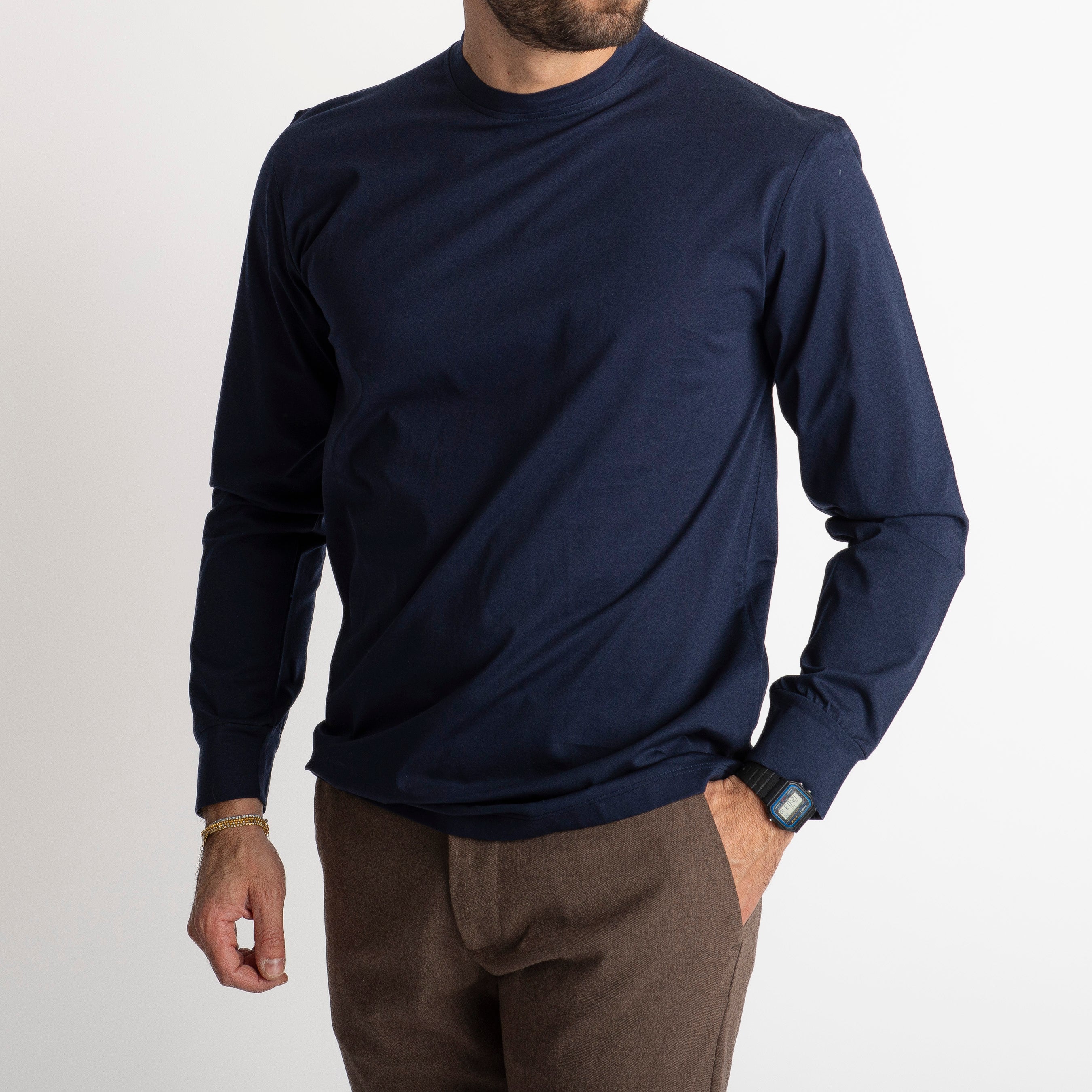 T-shirt in Filo di Scozia Manica Lunga Blu