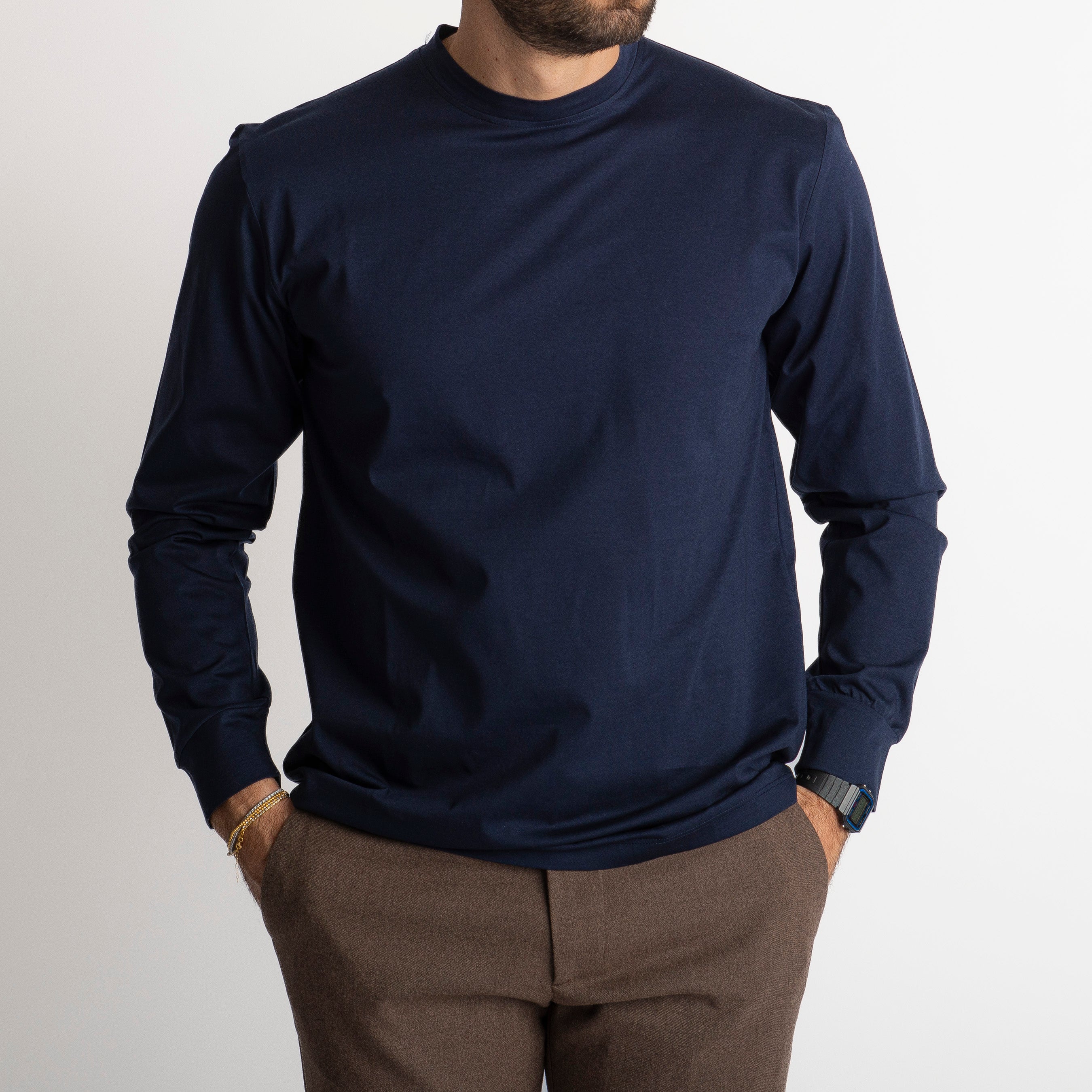 T-shirt in Filo di Scozia Manica Lunga Blu