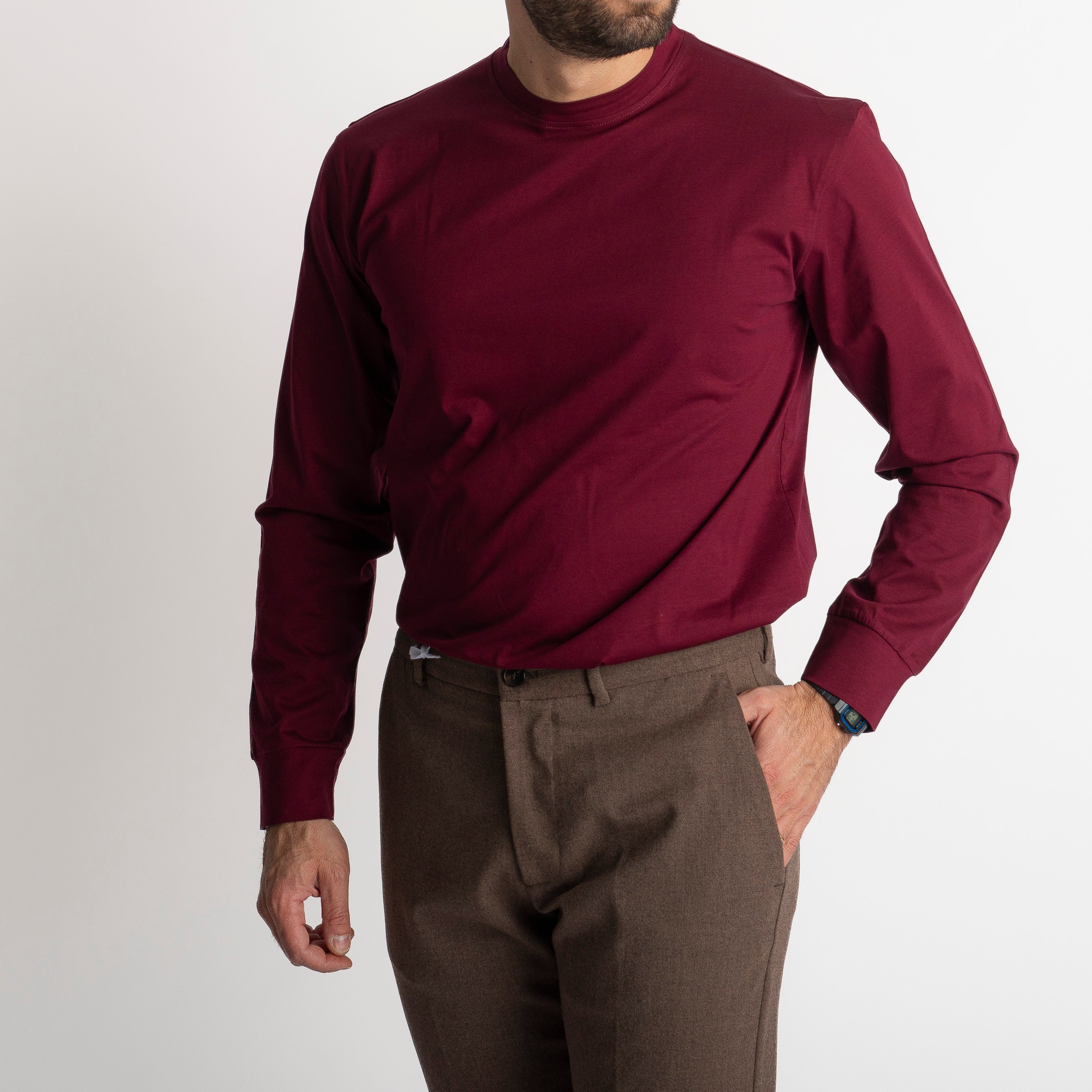T-shirt in Filo di Scozia Manica Lunga Bordeaux