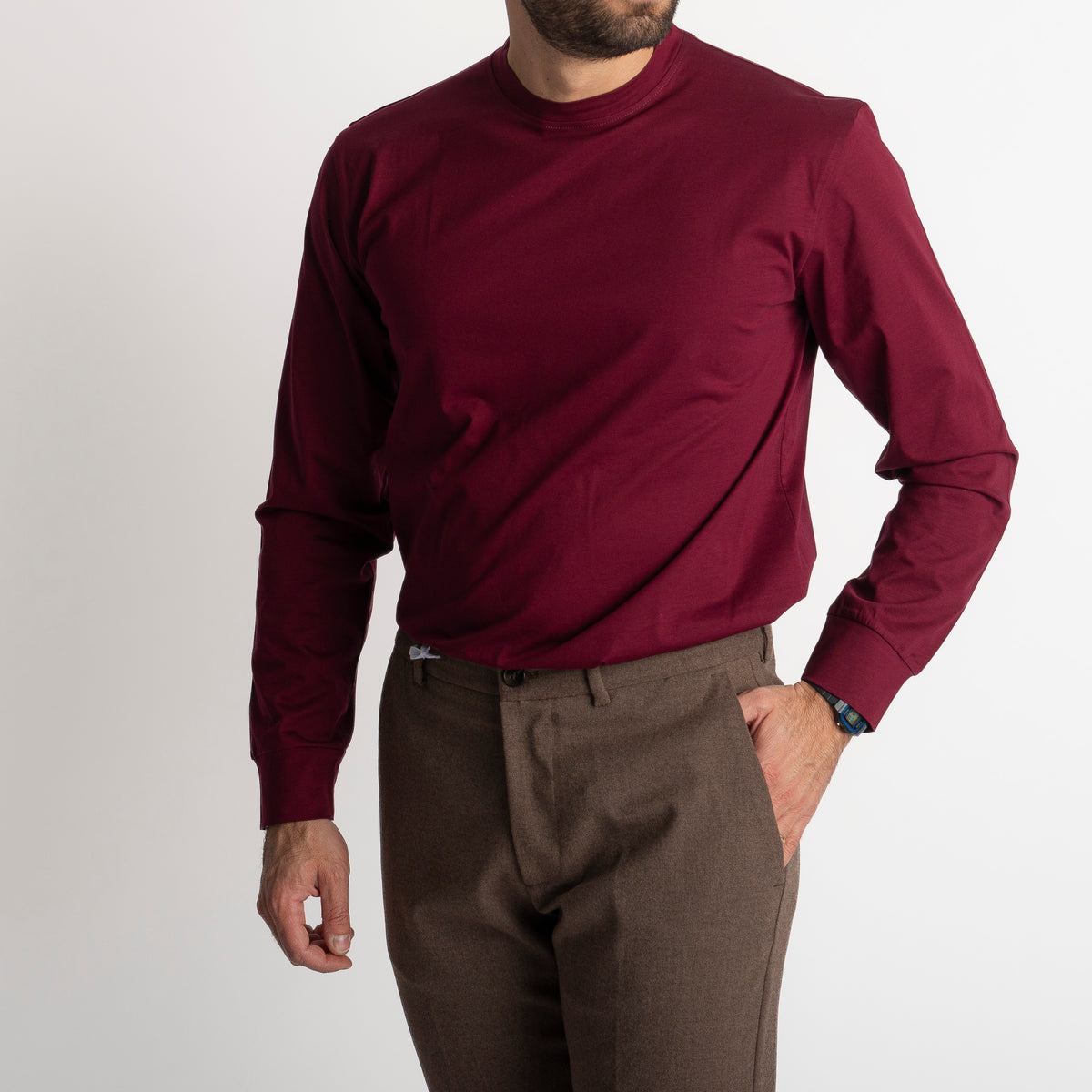 T-shirt in Filo di Scozia Manica Lunga Bordeaux
