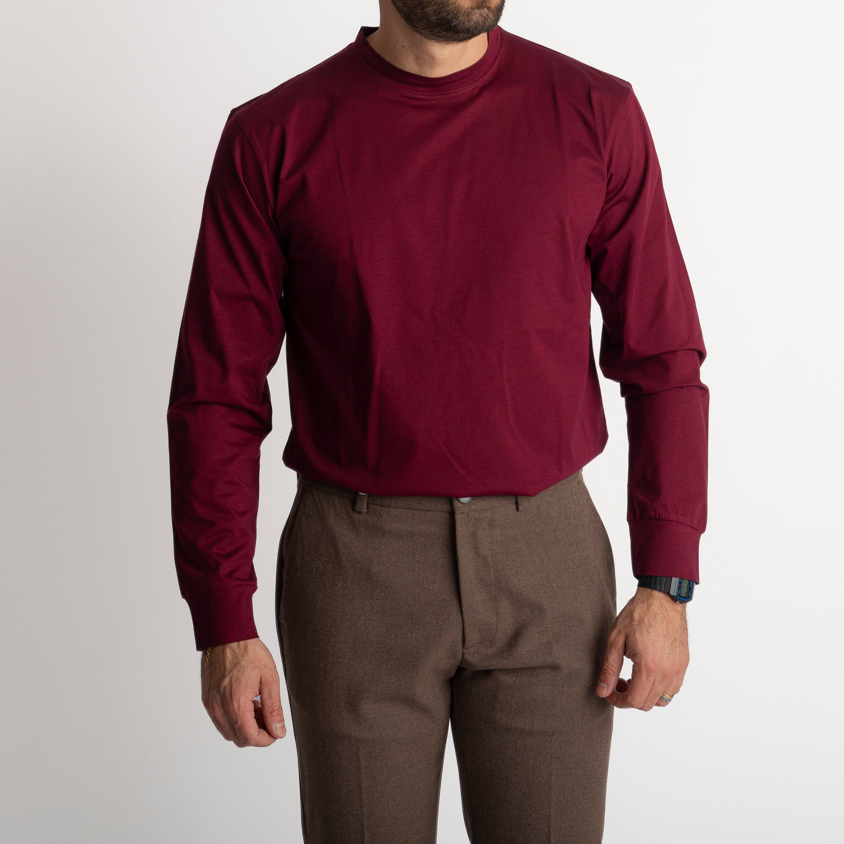 T-shirt in Filo di Scozia Manica Lunga Bordeaux