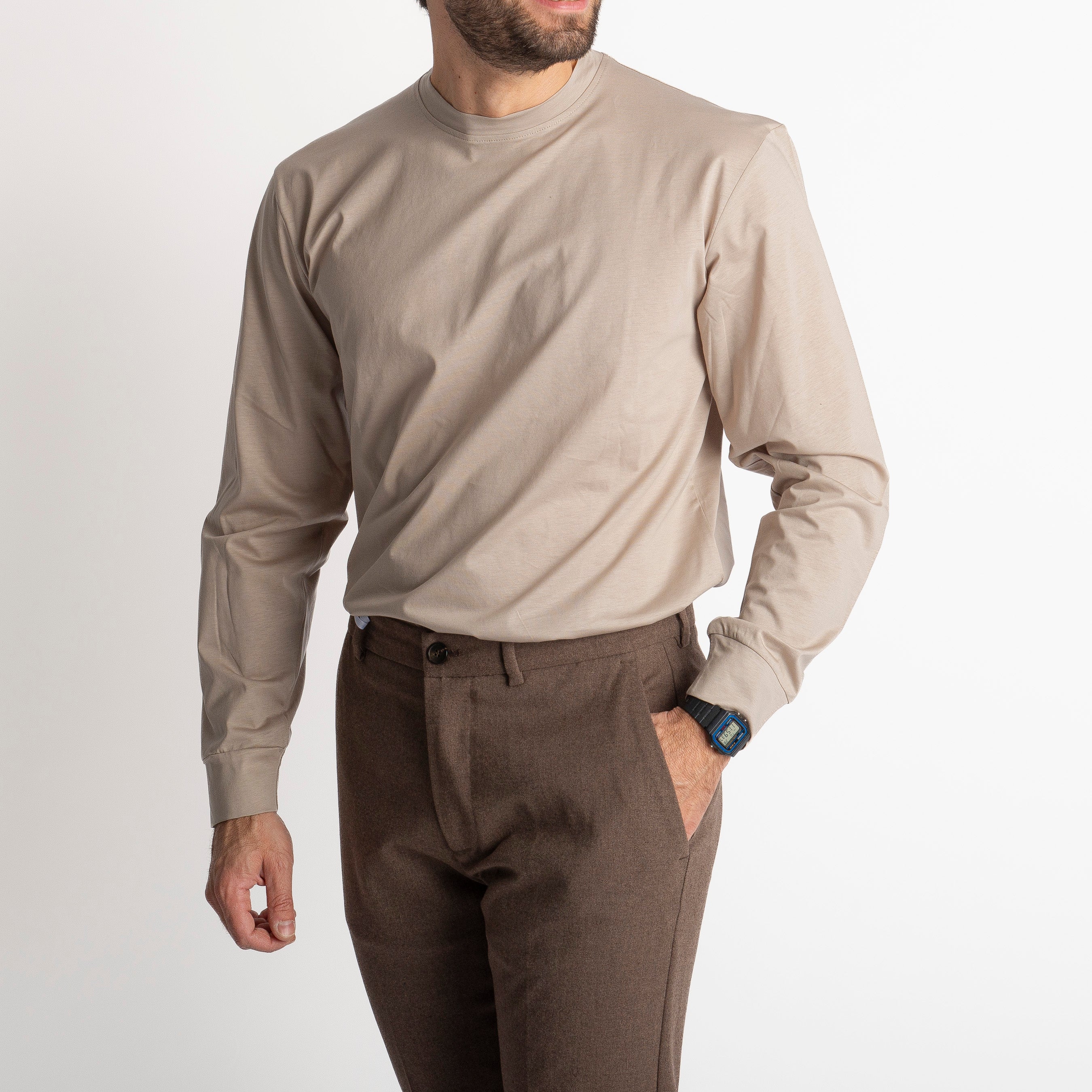 T-shirt in Filo di Scozia Manica Lunga Beige