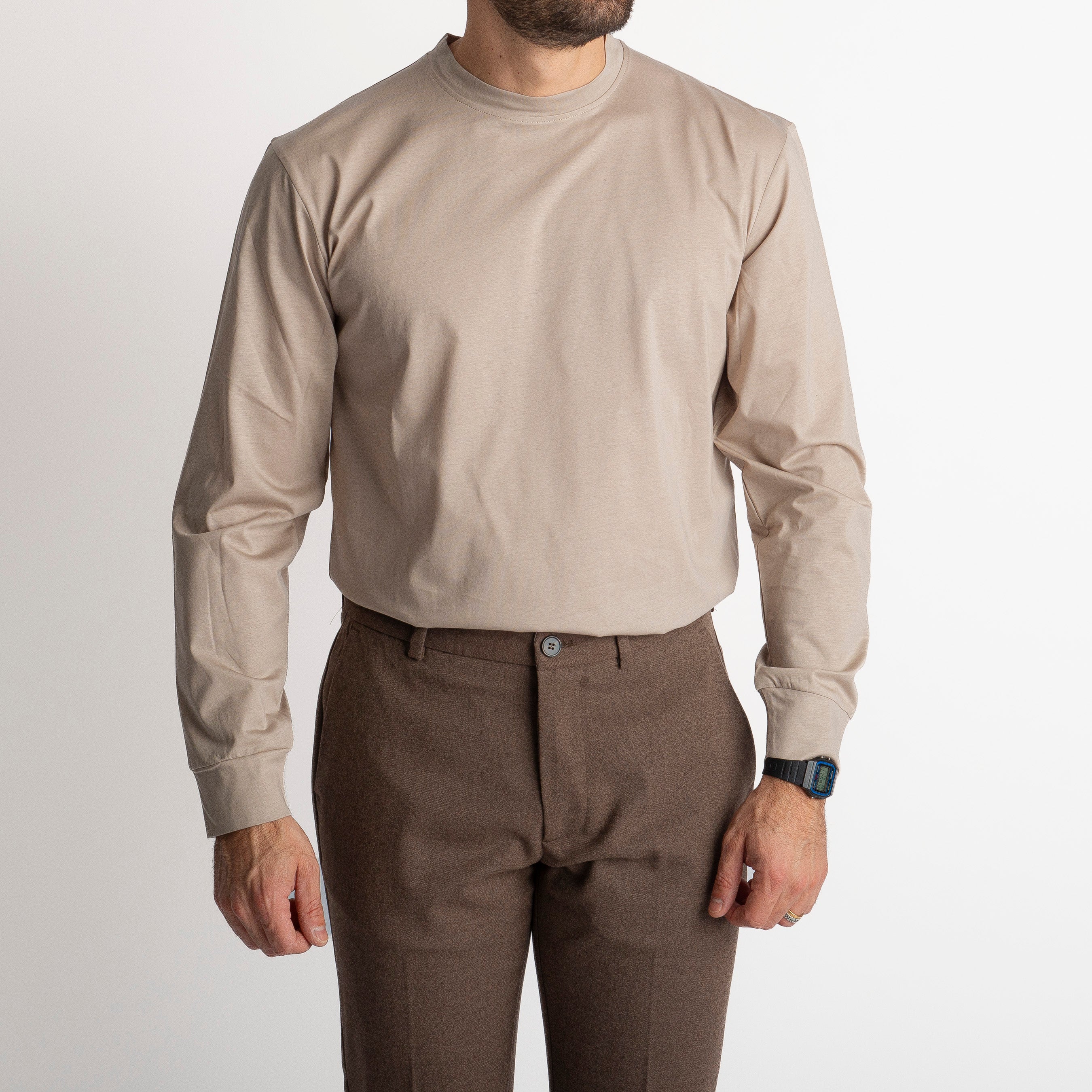 T-shirt in Filo di Scozia Manica Lunga Beige
