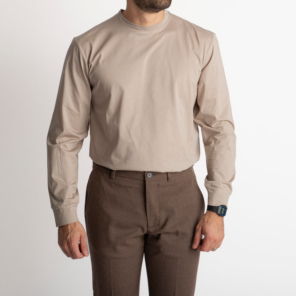 T-shirt in Filo di Scozia Manica Lunga Beige