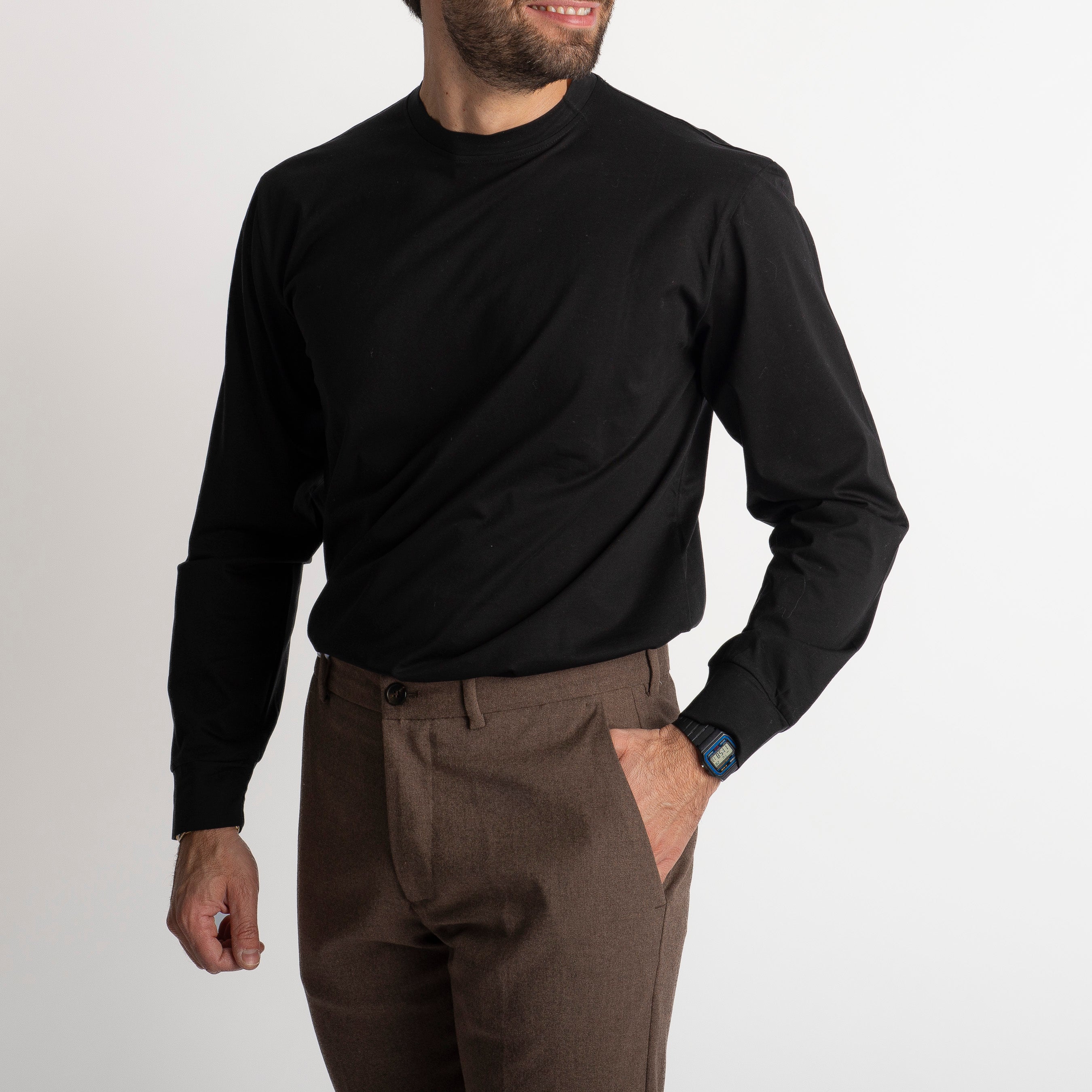 T-shirt in Filo di Scozia Manica Lunga Nero