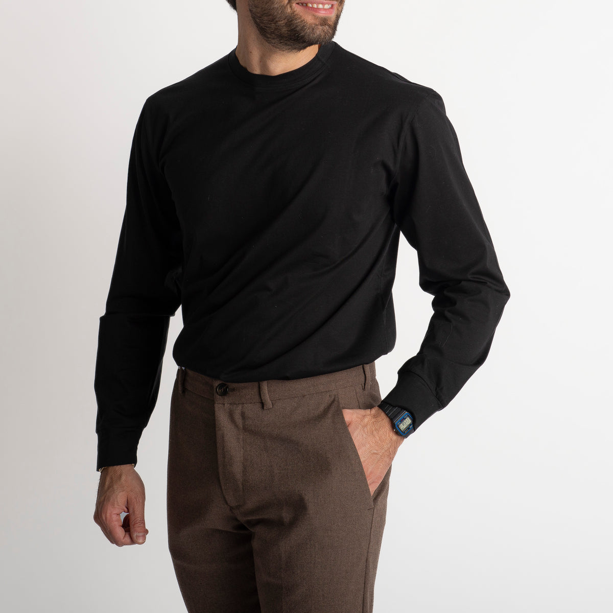 T-shirt in Filo di Scozia Manica Lunga Nero