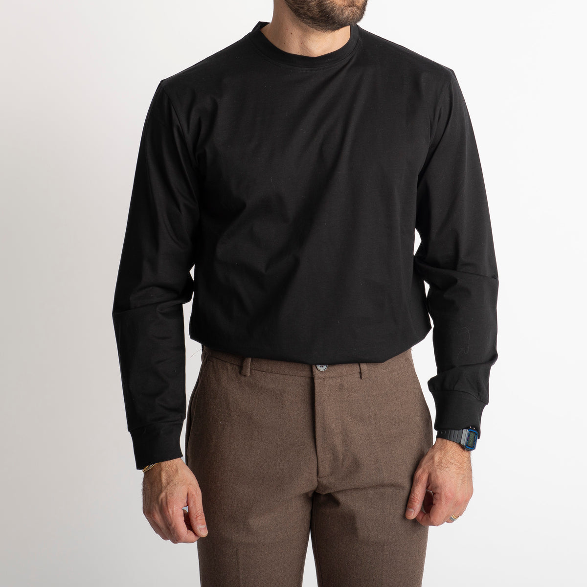 T-shirt in Filo di Scozia Manica Lunga Nero