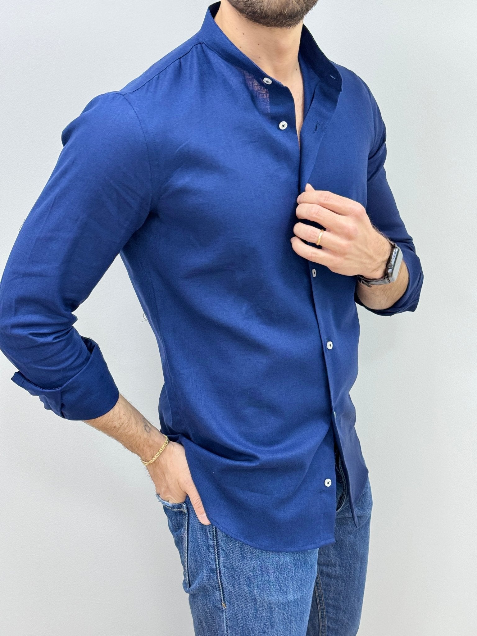 Camicia Lino Collo Coreano Blu - SEASON LAB