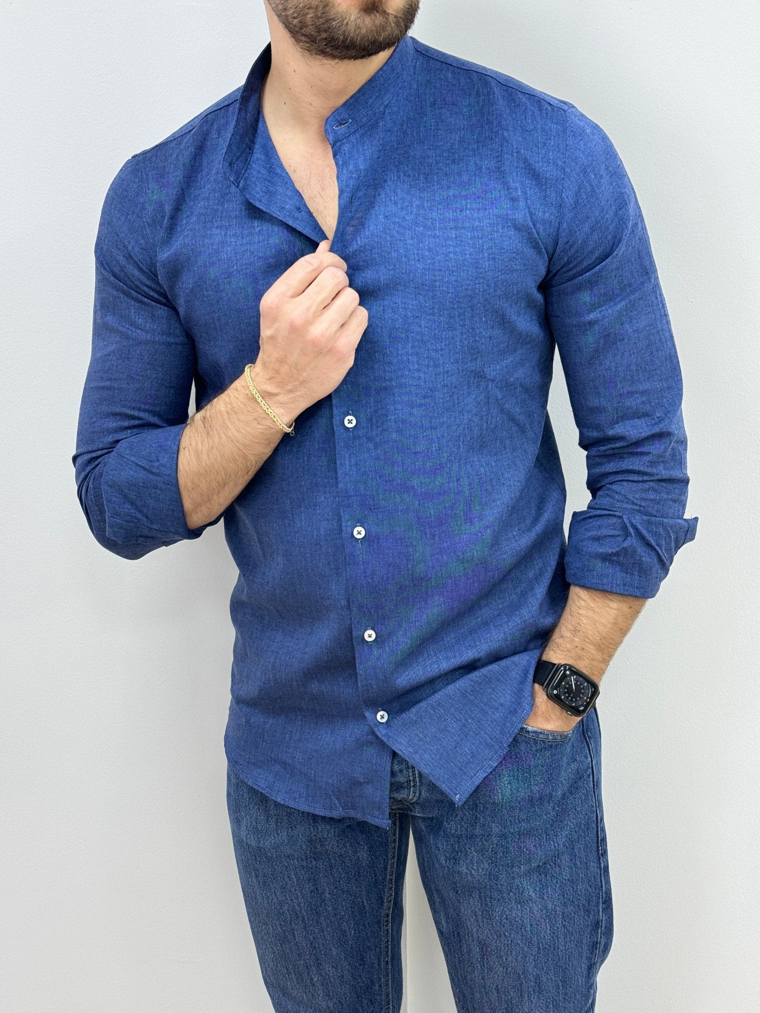 Camicia Lino Collo Coreano Blu Denim - SEASON LAB