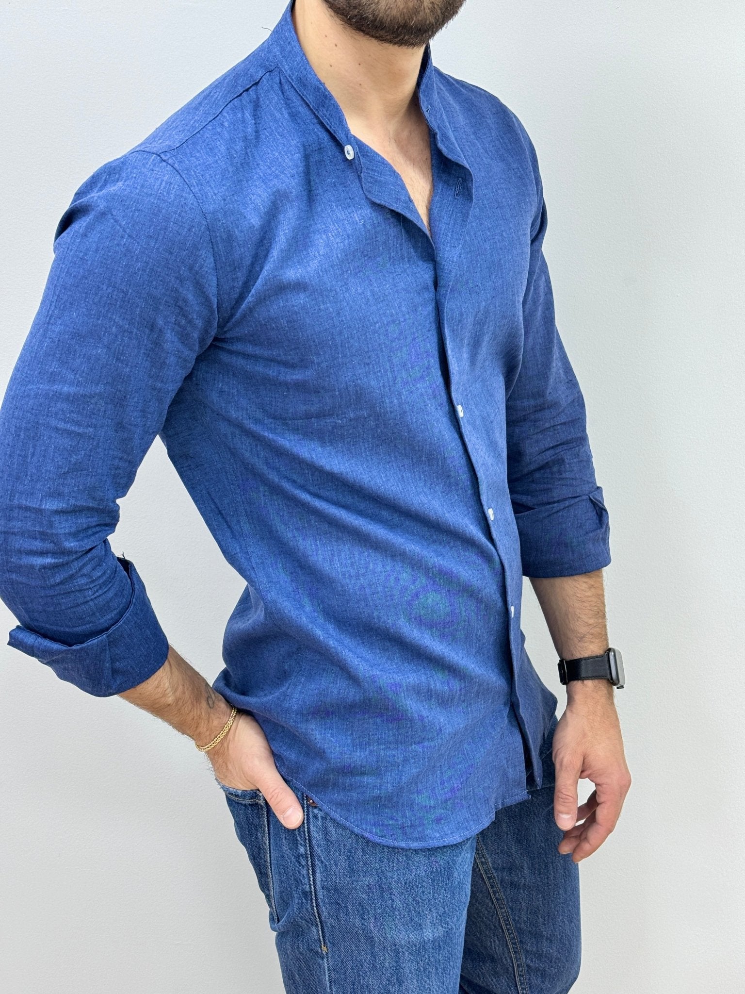 Camicia Lino Collo Coreano Blu Denim - SEASON LAB