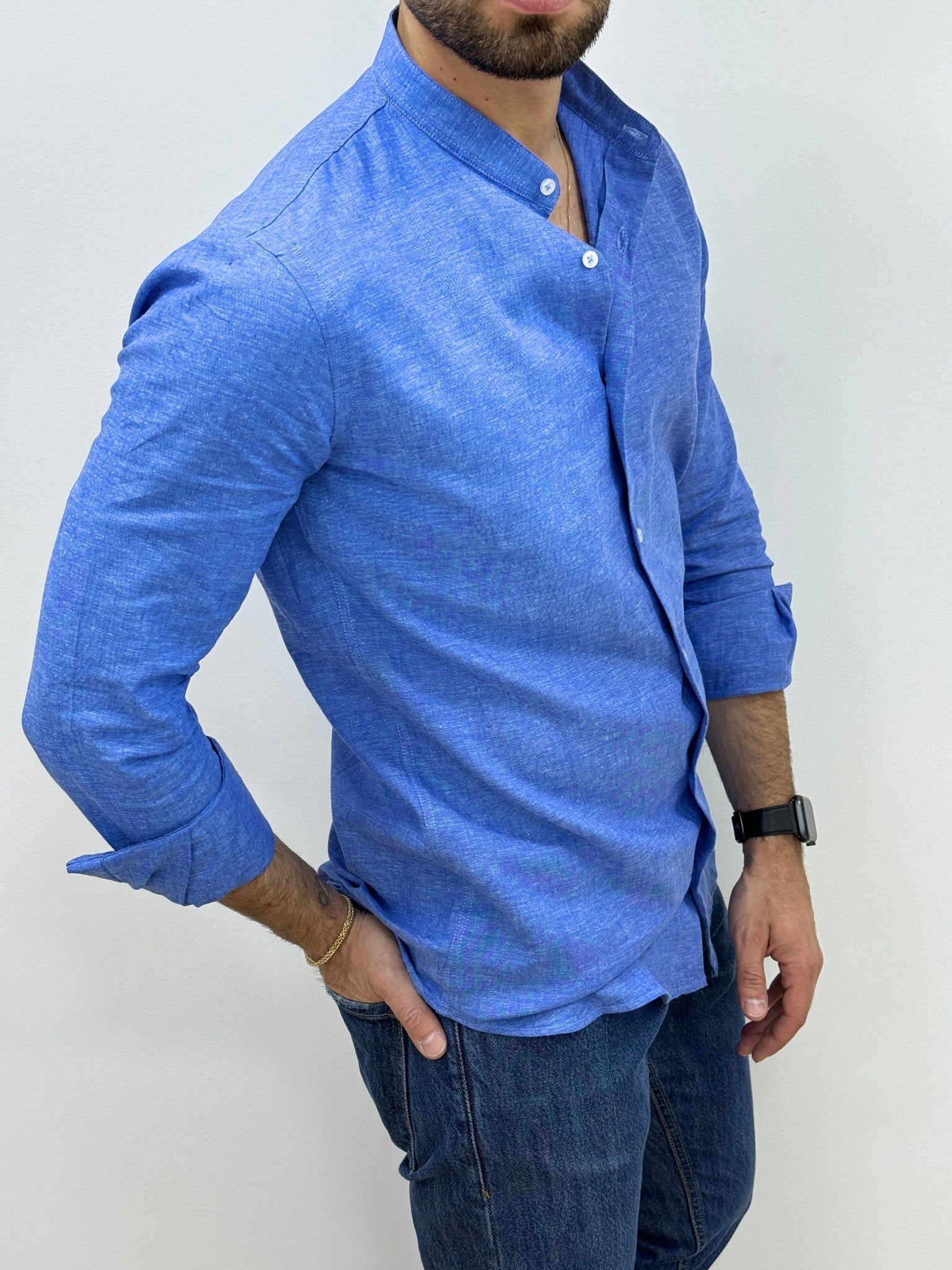 Camicia Lino Collo Coreano Blu Royal - SEASON LAB