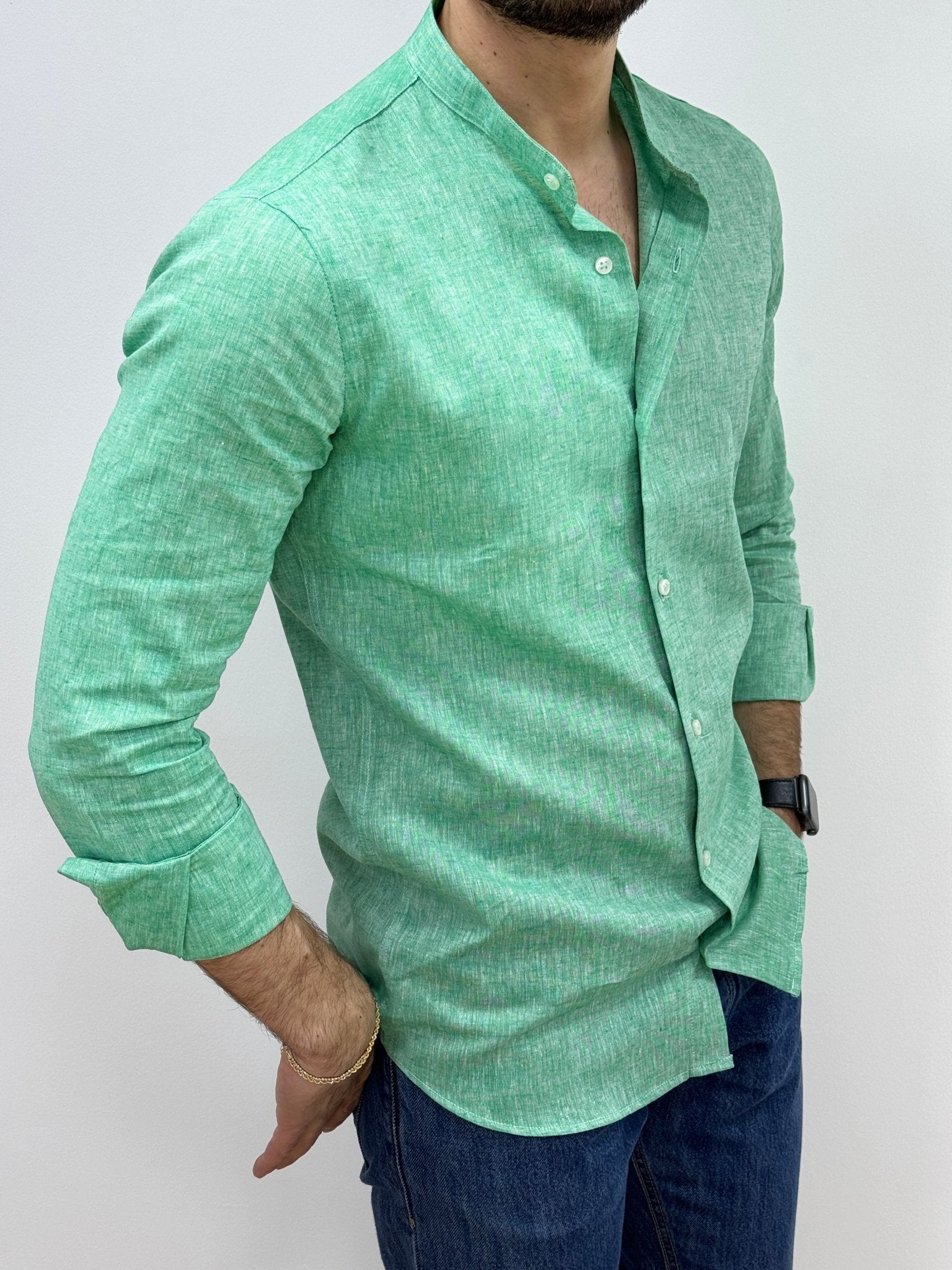 Camicia Lino Collo Coreano Verde - SEASON LAB