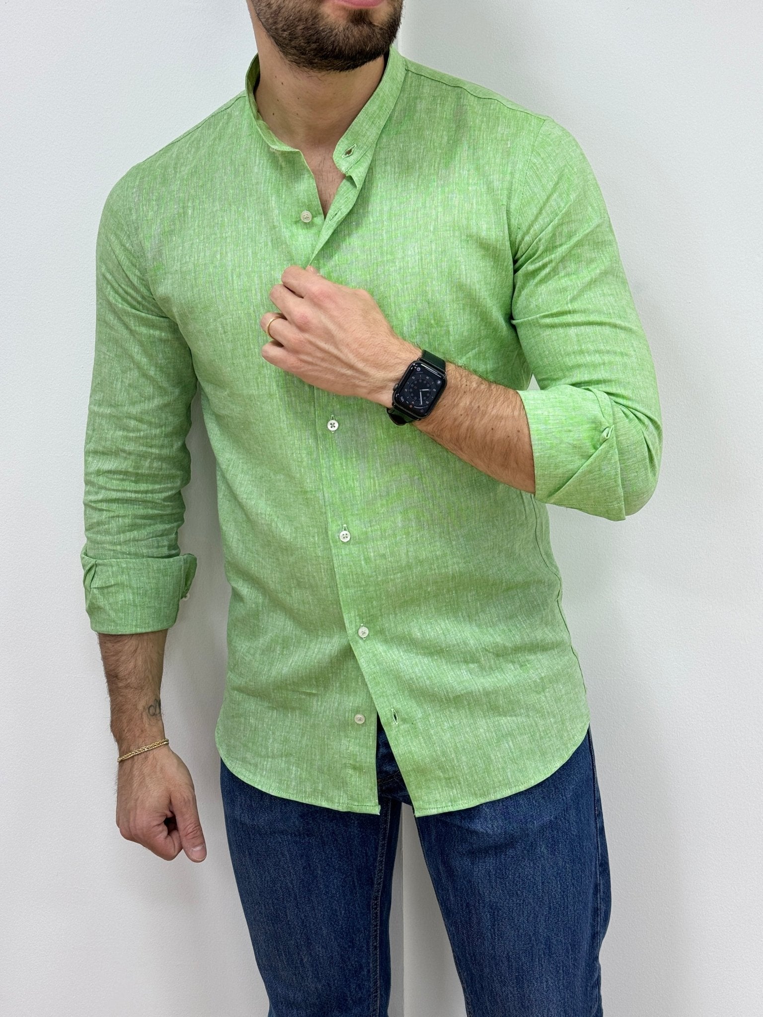 Camicia Lino Collo Coreano Verde Lime - SEASON LAB