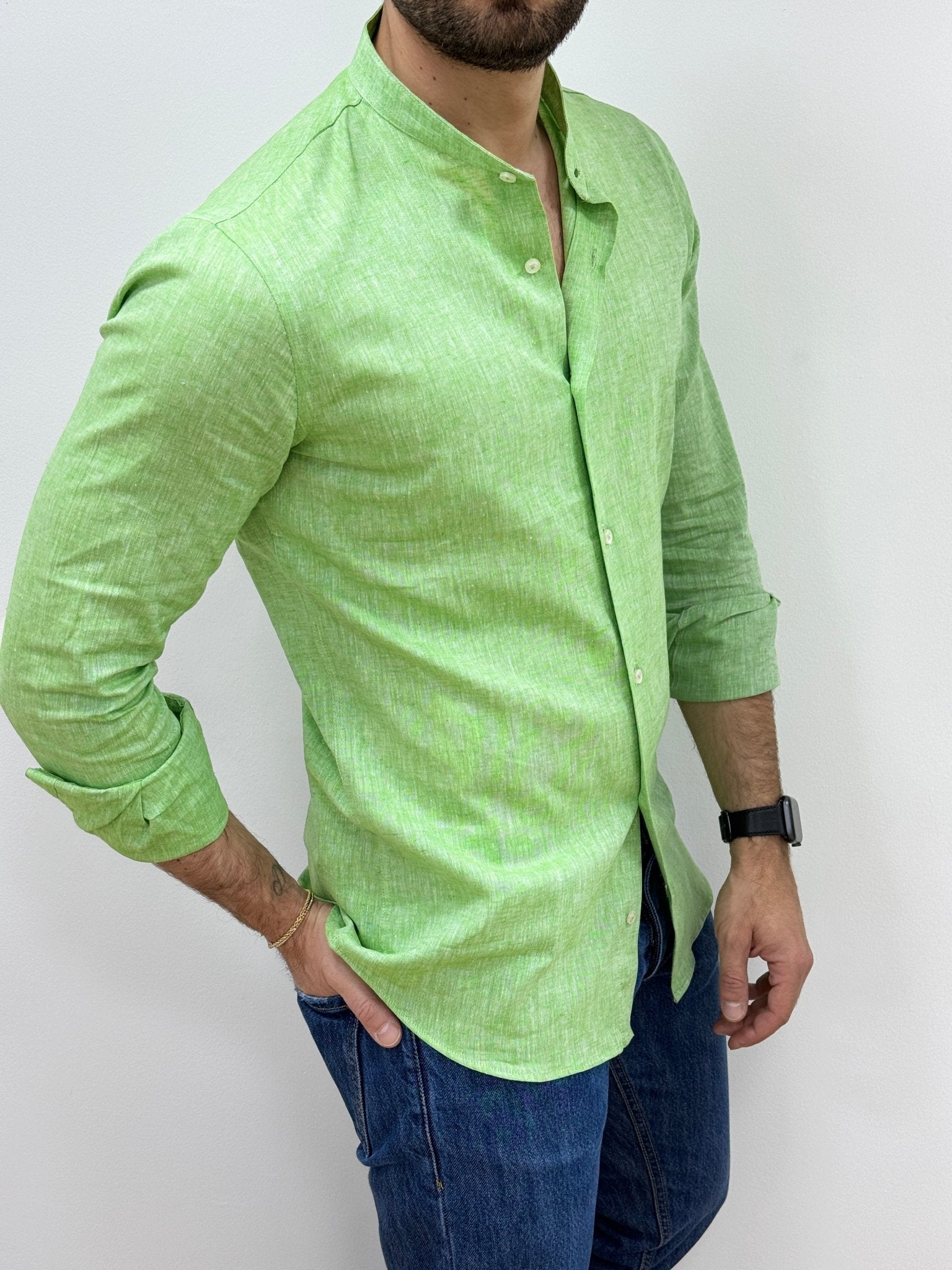 Camicia Lino Collo Coreano Verde Lime - SEASON LAB