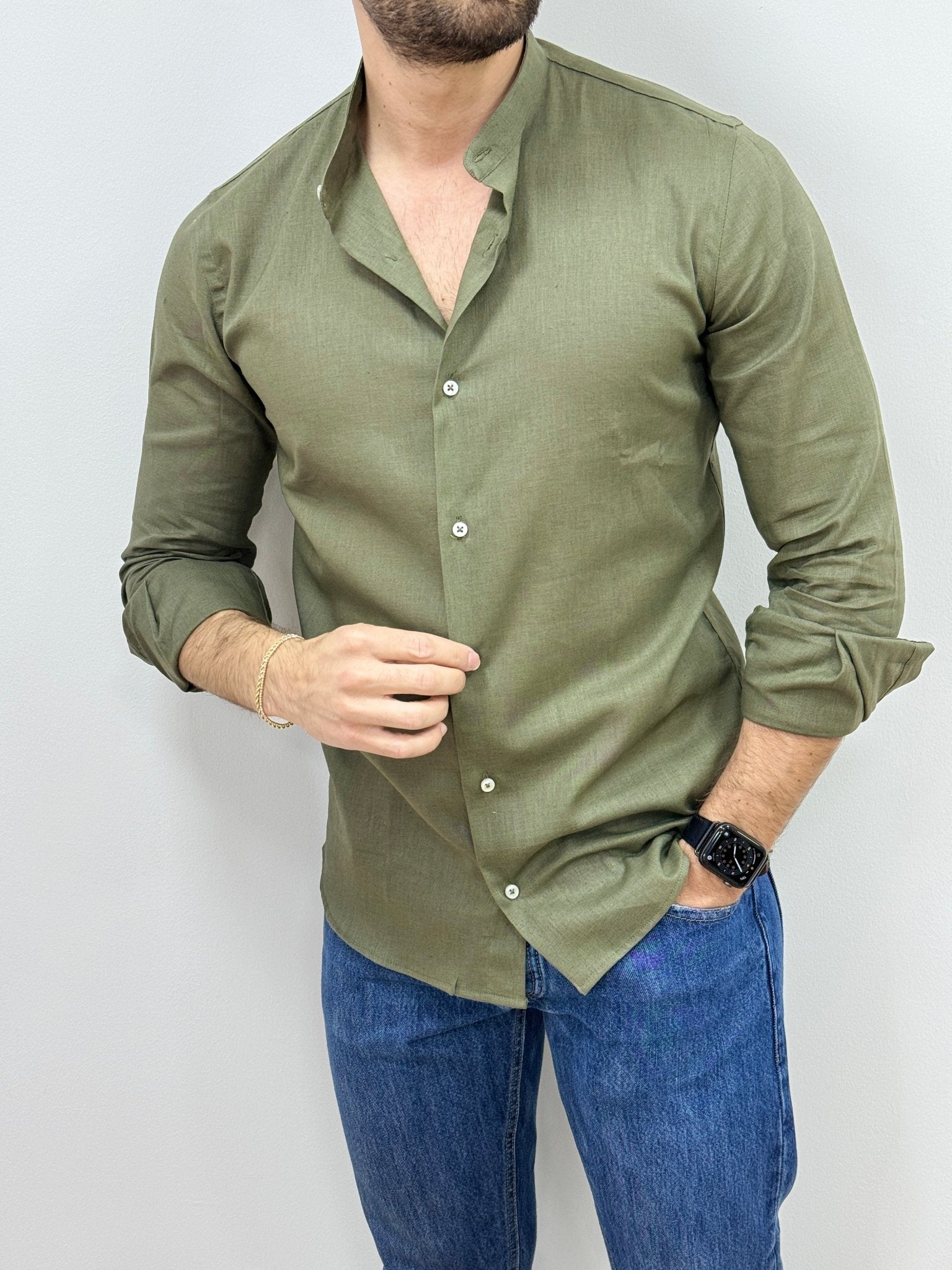 Camicia Lino Collo Coreano Verde Militare - SEASON LAB