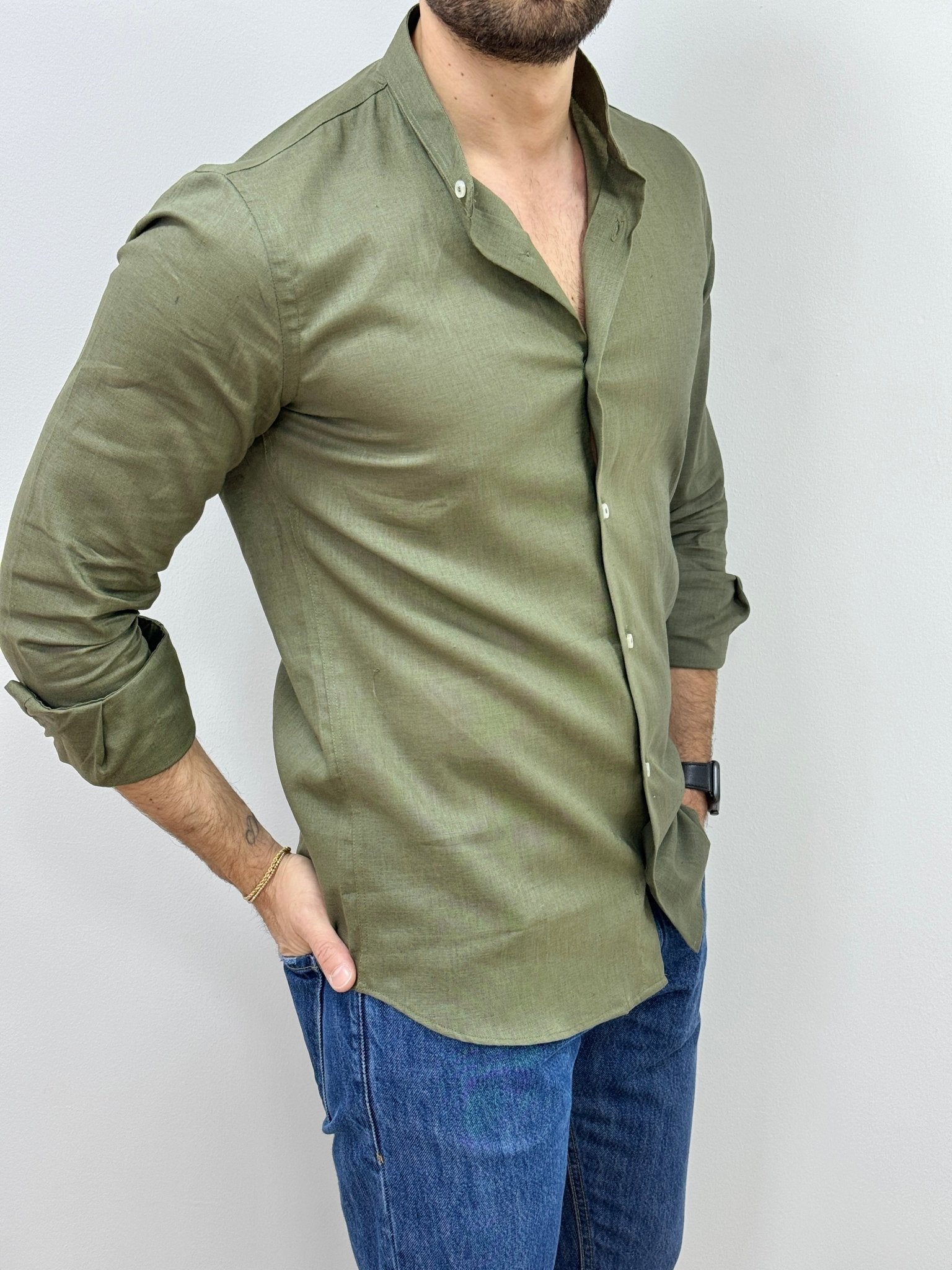 Camicia Lino Collo Coreano Verde Militare - SEASON LAB