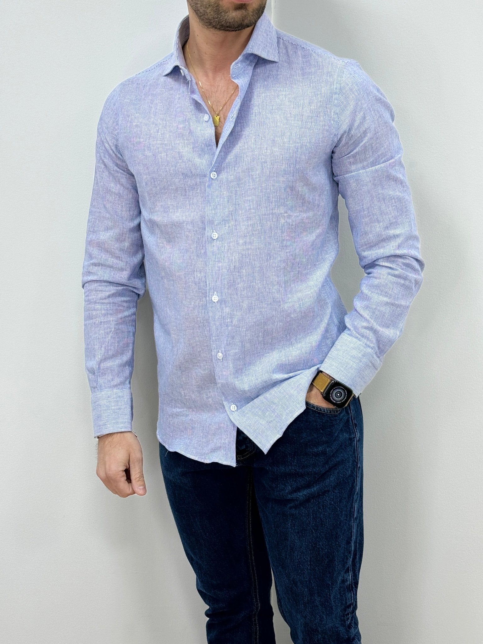 Camicia Lino Mille Righe Blu - SEASON LAB