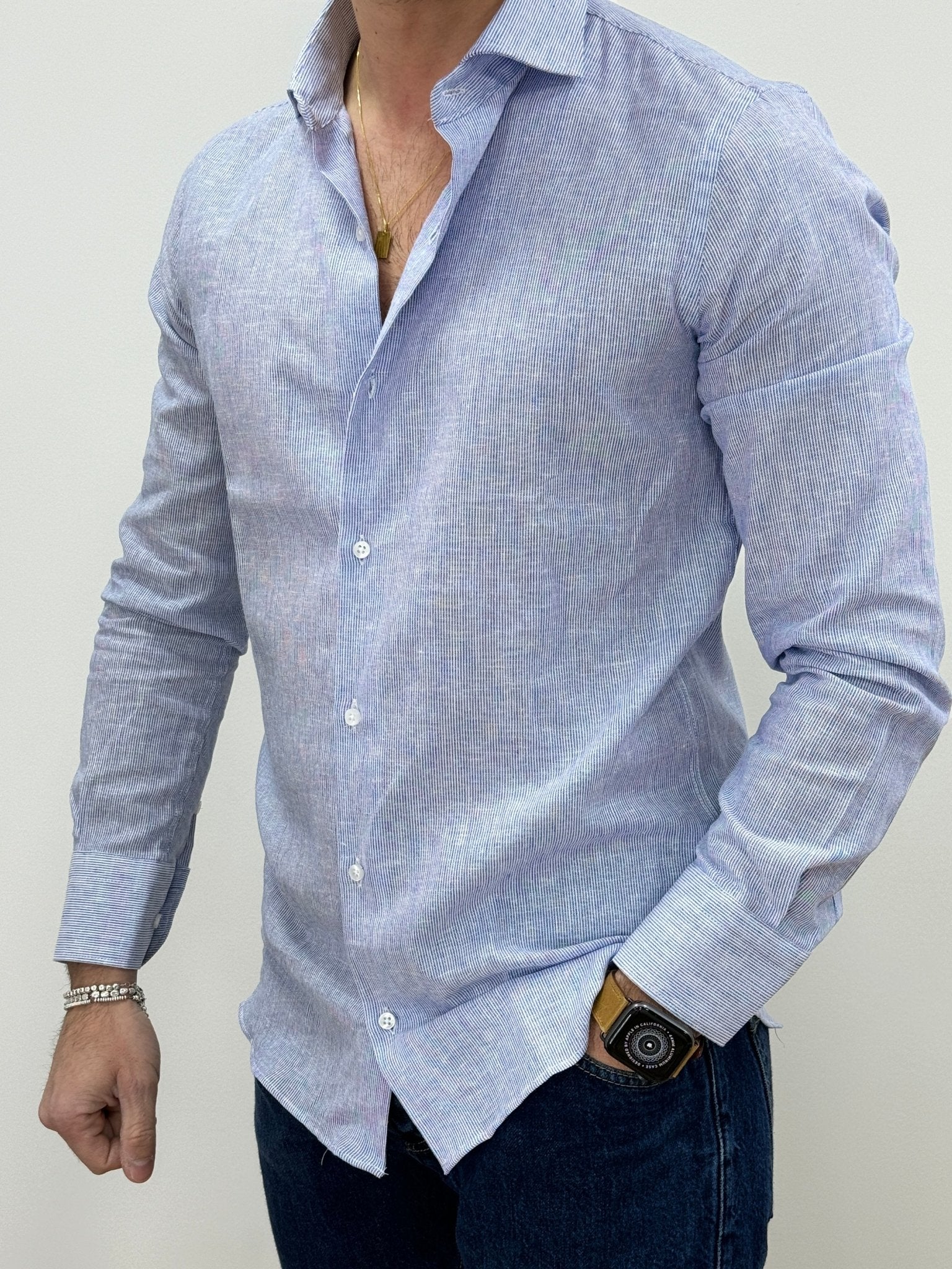 Camicia Lino Mille Righe Blu - SEASON LAB