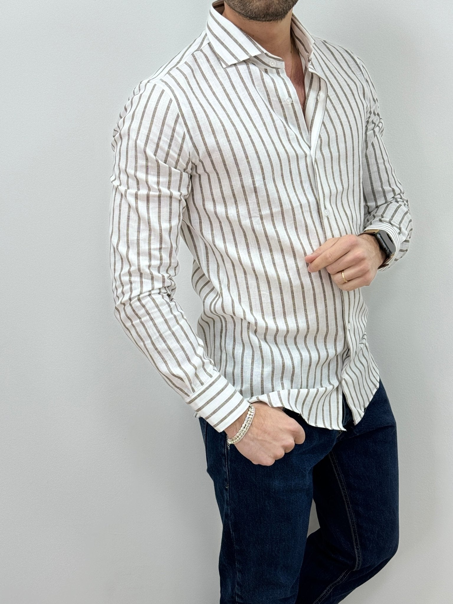 Camicia Uomo Lino Rigata 01 Marrone - SEASON LAB