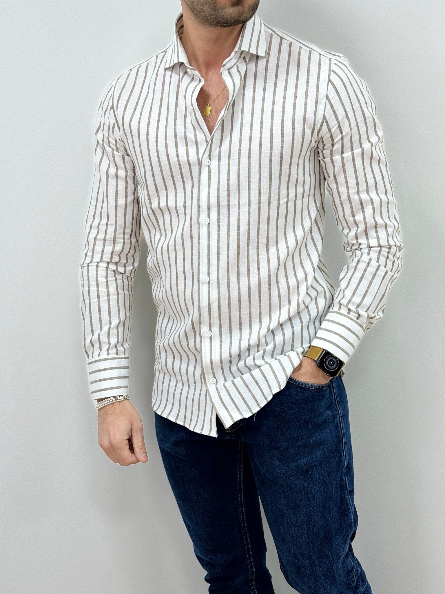 Camicia Uomo Lino Rigata 01 Marrone - SEASON LAB