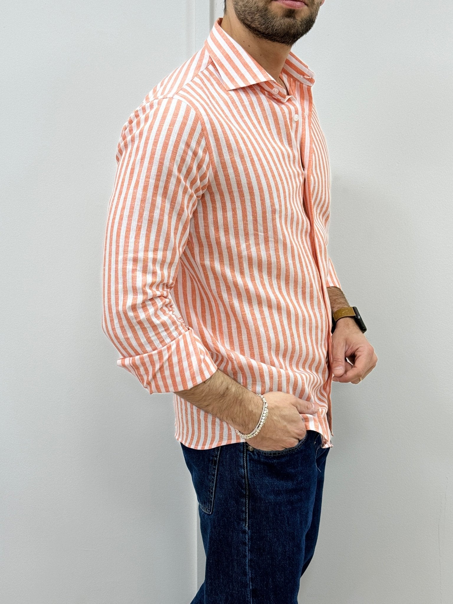 Camicia Uomo Lino Rigata 02 Arancio - SEASON LAB