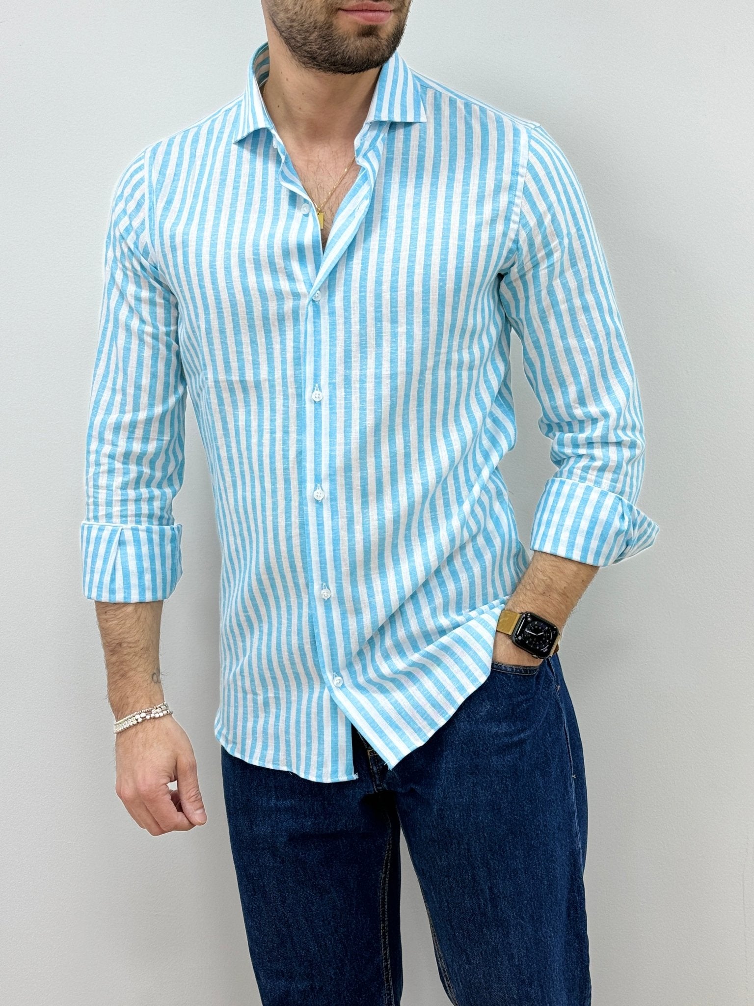 Camicia Uomo Lino Rigata 02 Azzurro - SEASON LAB