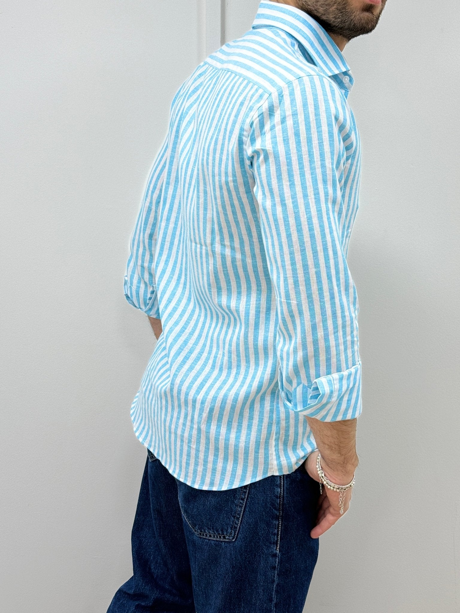 Camicia Uomo Lino Rigata 02 Azzurro - SEASON LAB