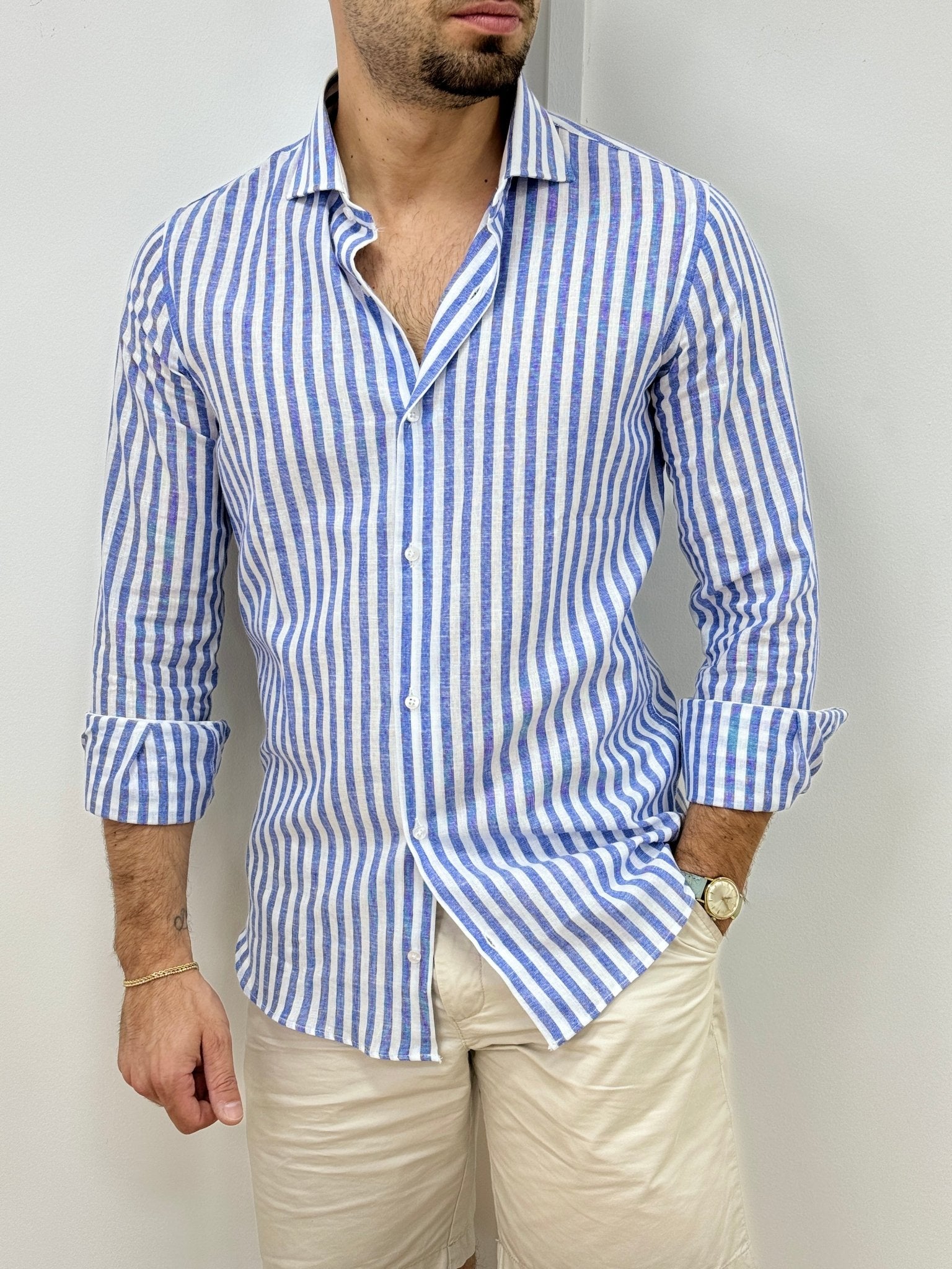 Camicia Uomo Lino Rigata 02 Blu - SEASON LAB