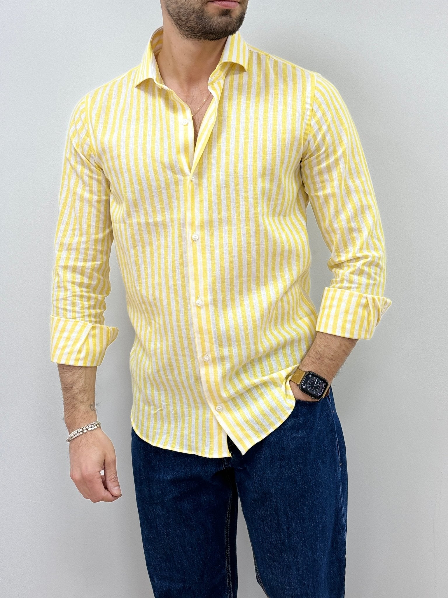 Camicia Uomo Lino Rigata 02 Giallo - SEASON LAB