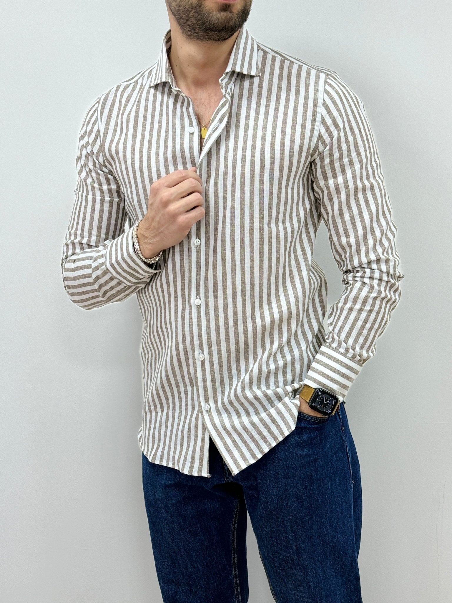 Camicia Uomo Lino Rigata 02 Marrone - SEASON LAB