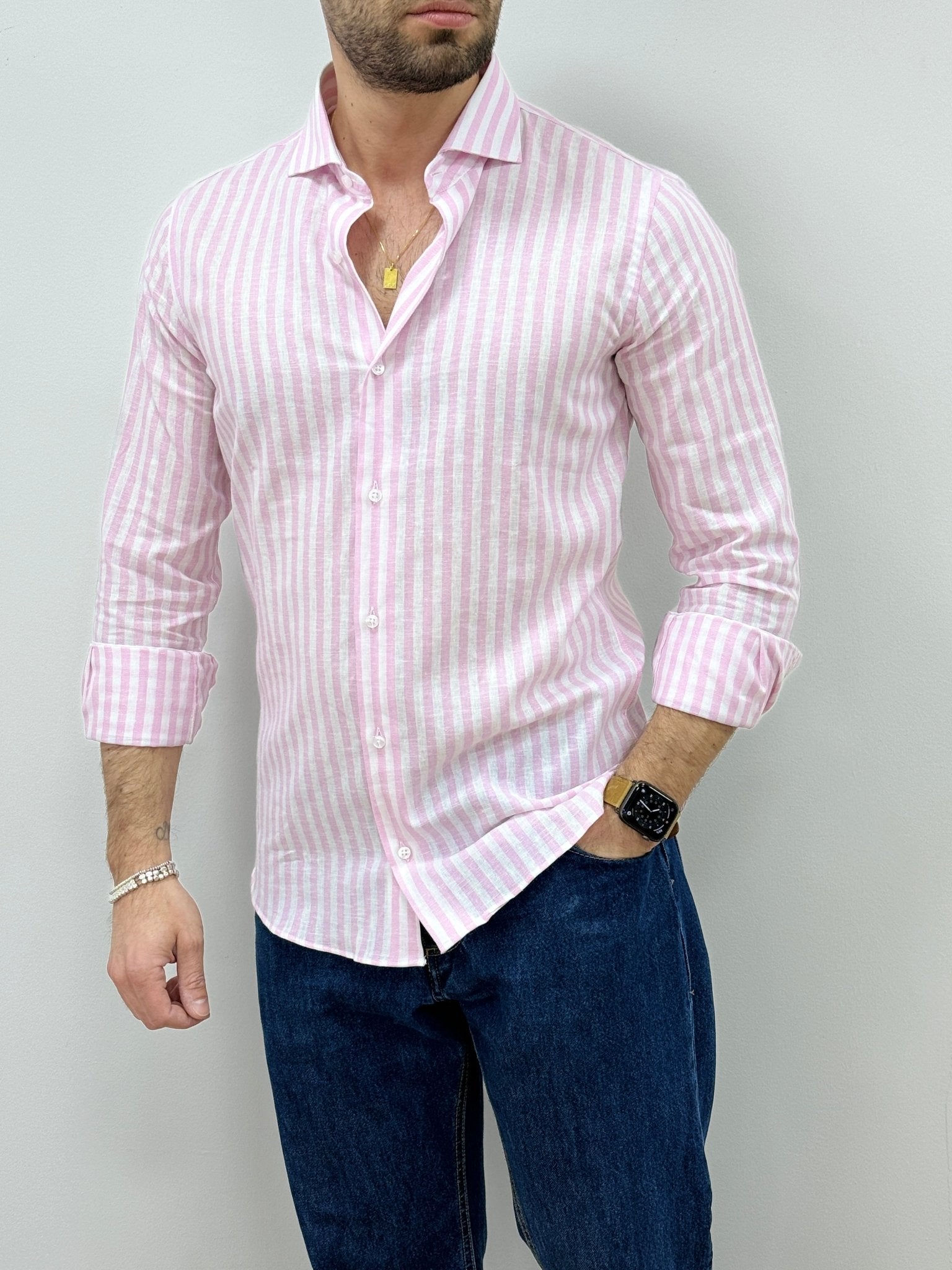 Camicia Uomo Lino Rigata 02 Rosa - SEASON LAB