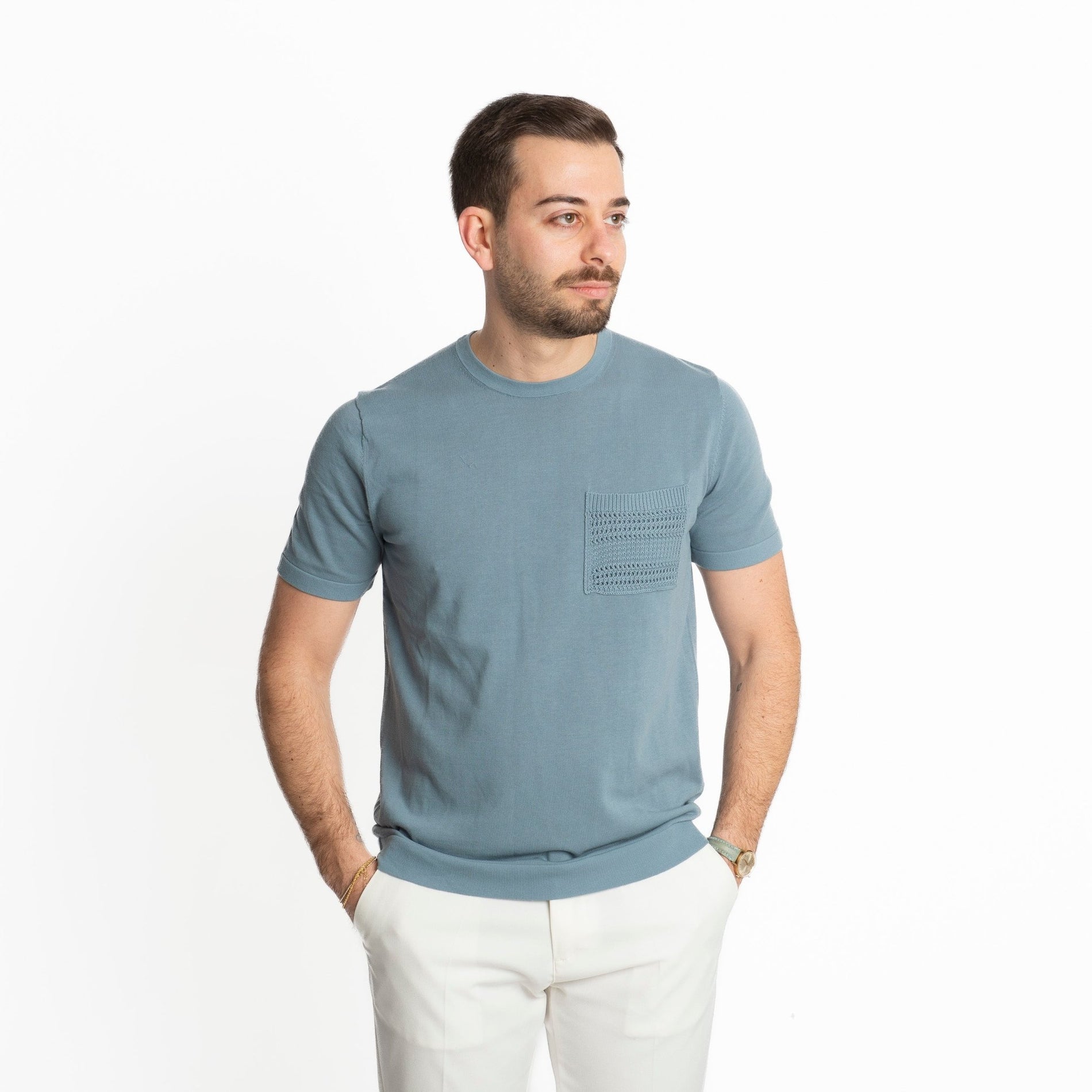 Maglia Girocollo Extrafine Con Taschino Acqua Marina - SEASON LAB