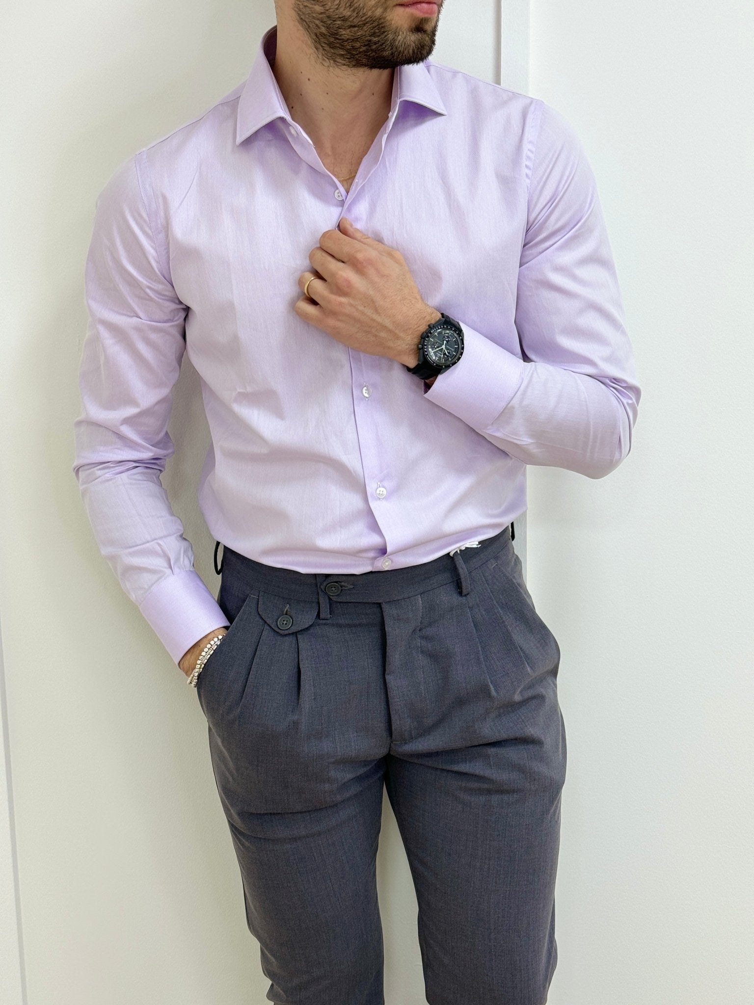 Camicia Uomo FYLTR A Maniche Lunghe – Colore Unito Lavanda, Colletto A Contrasto, Con Tasca, Tessuto Leggero